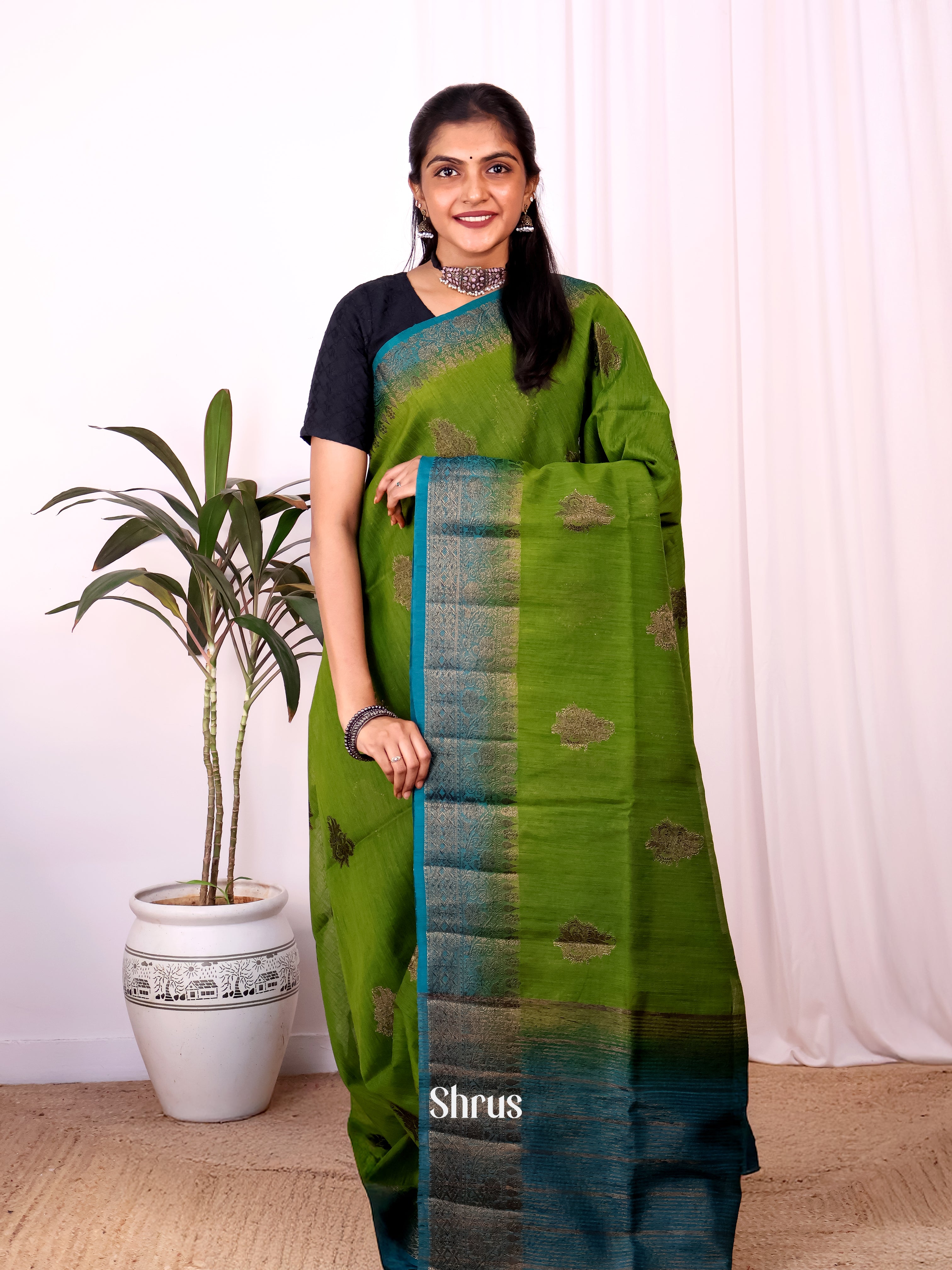 Green & Blue - Semi Jute Saree - Shop on Shrus.com