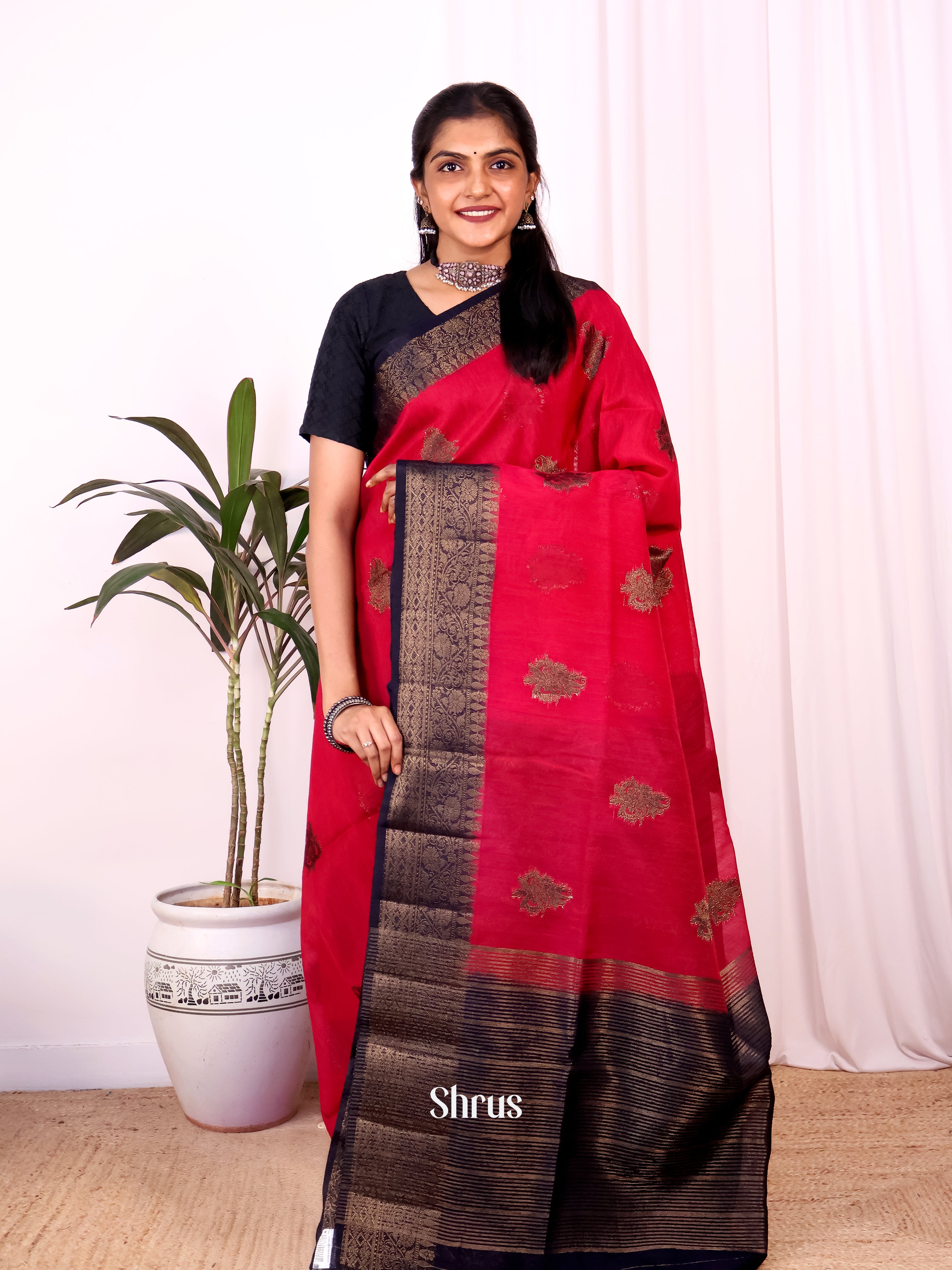 Red & Blue- Semi Jute Saree - Shop on Shrus.com