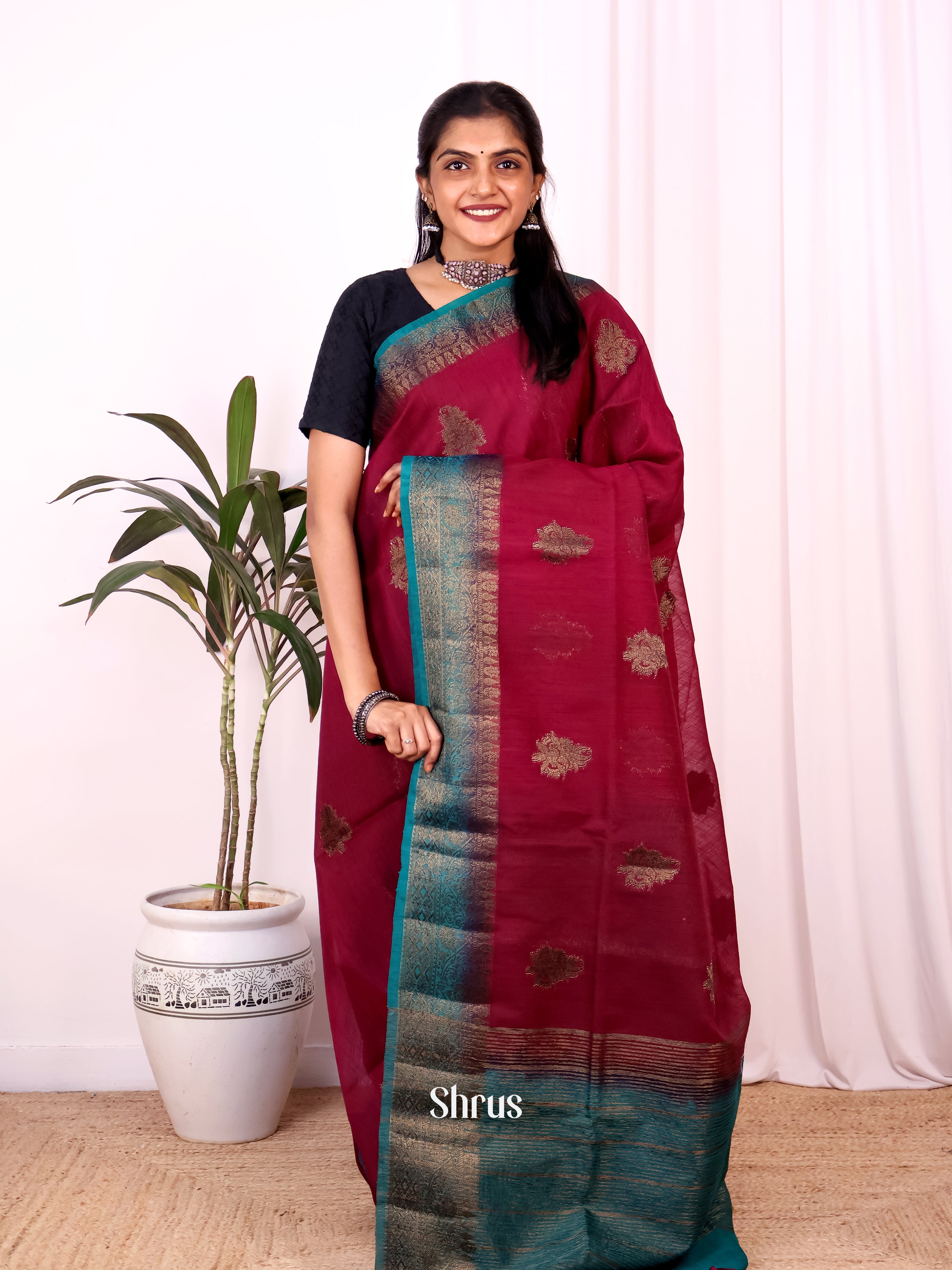 Maroon & Blue- Semi Jute Saree - Shop on Shrus.com