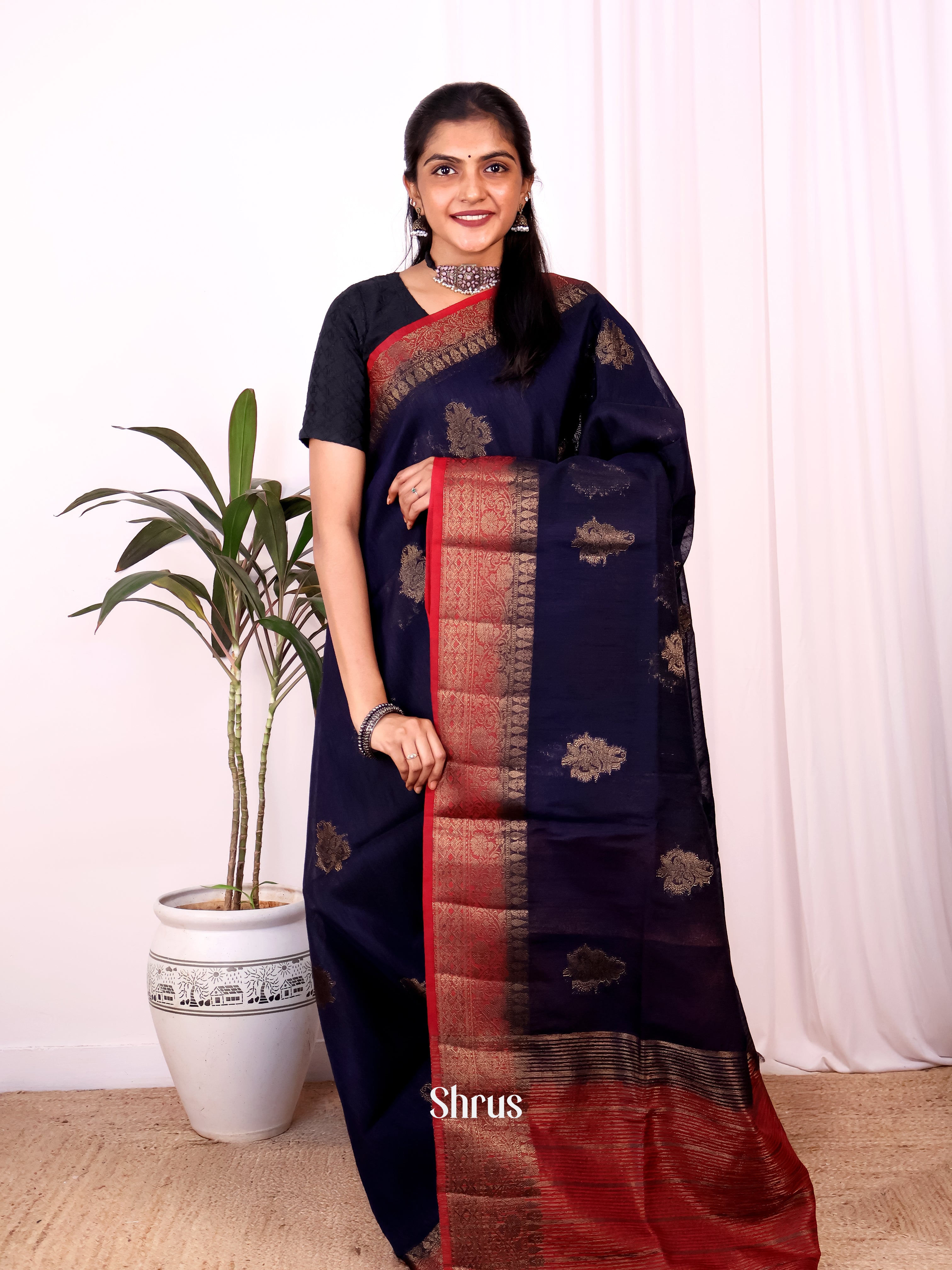 Blue & Maroon- Semi Jute Saree - Shop on Shrus.com
