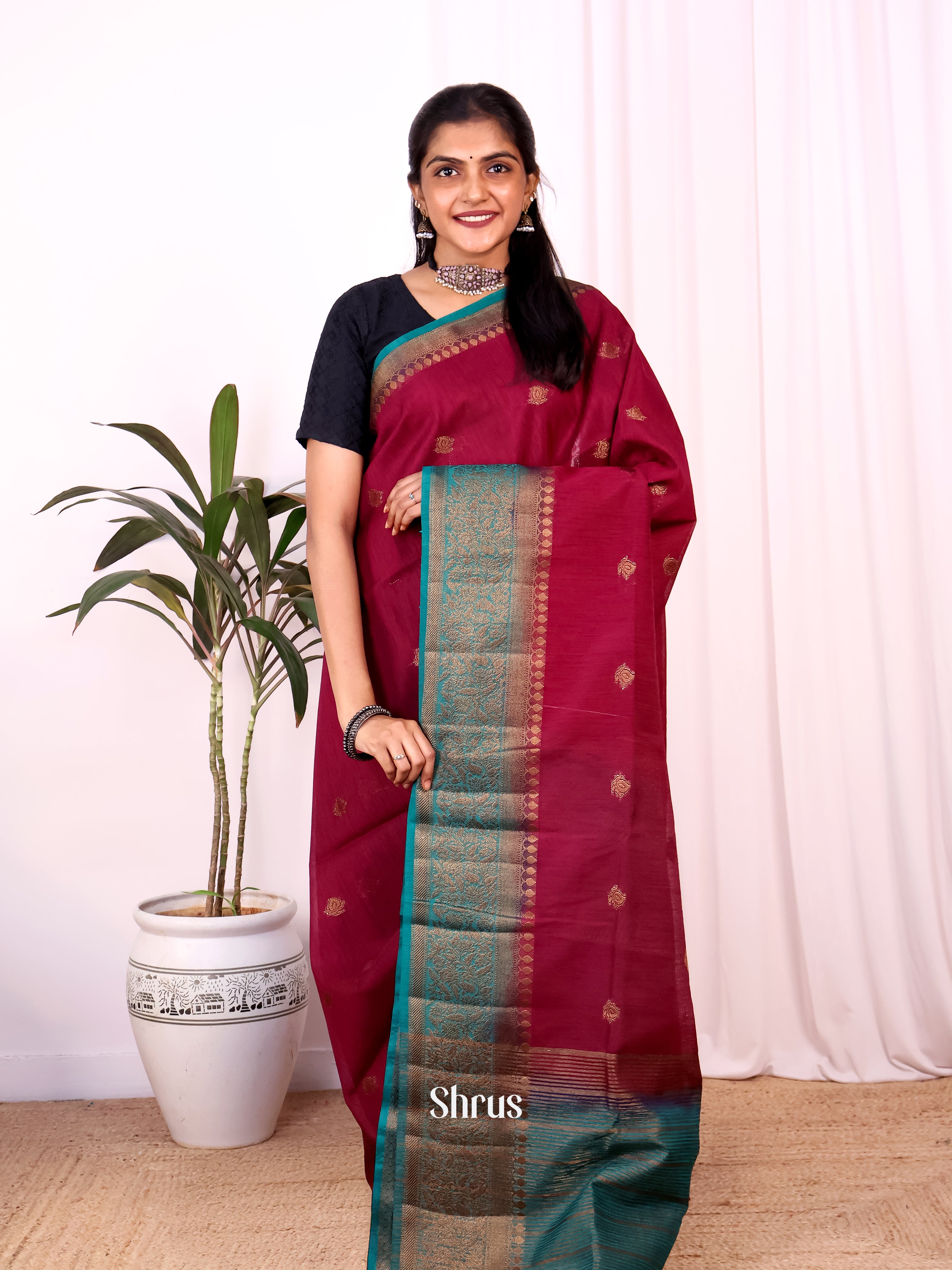 Maroon & Blue - Semi Jute Saree - Shop on Shrus.com