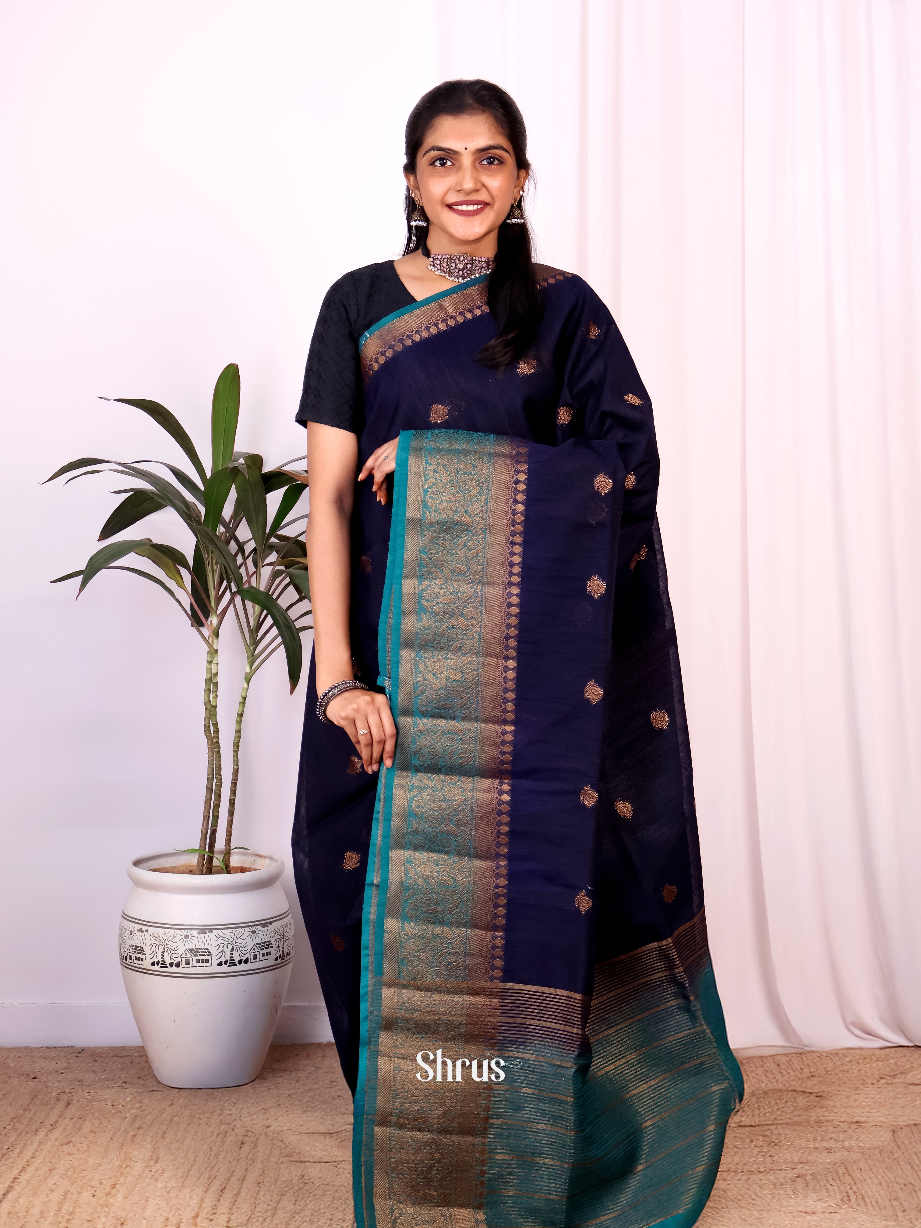 Blue & Teal- Semi Jute Saree - Shop on Shrus.com