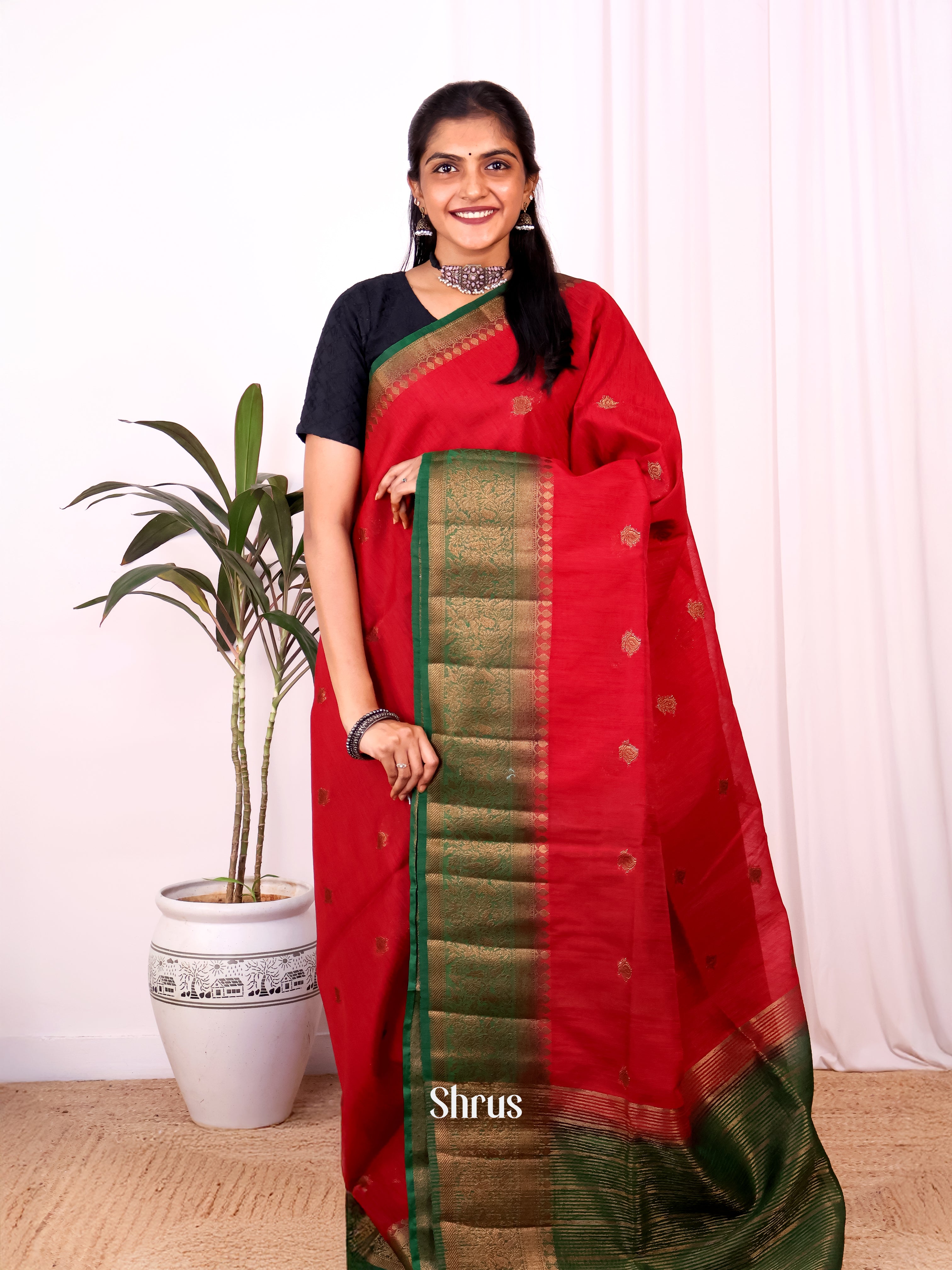 Red & Green - Semi Jute Saree - Shop on Shrus.com