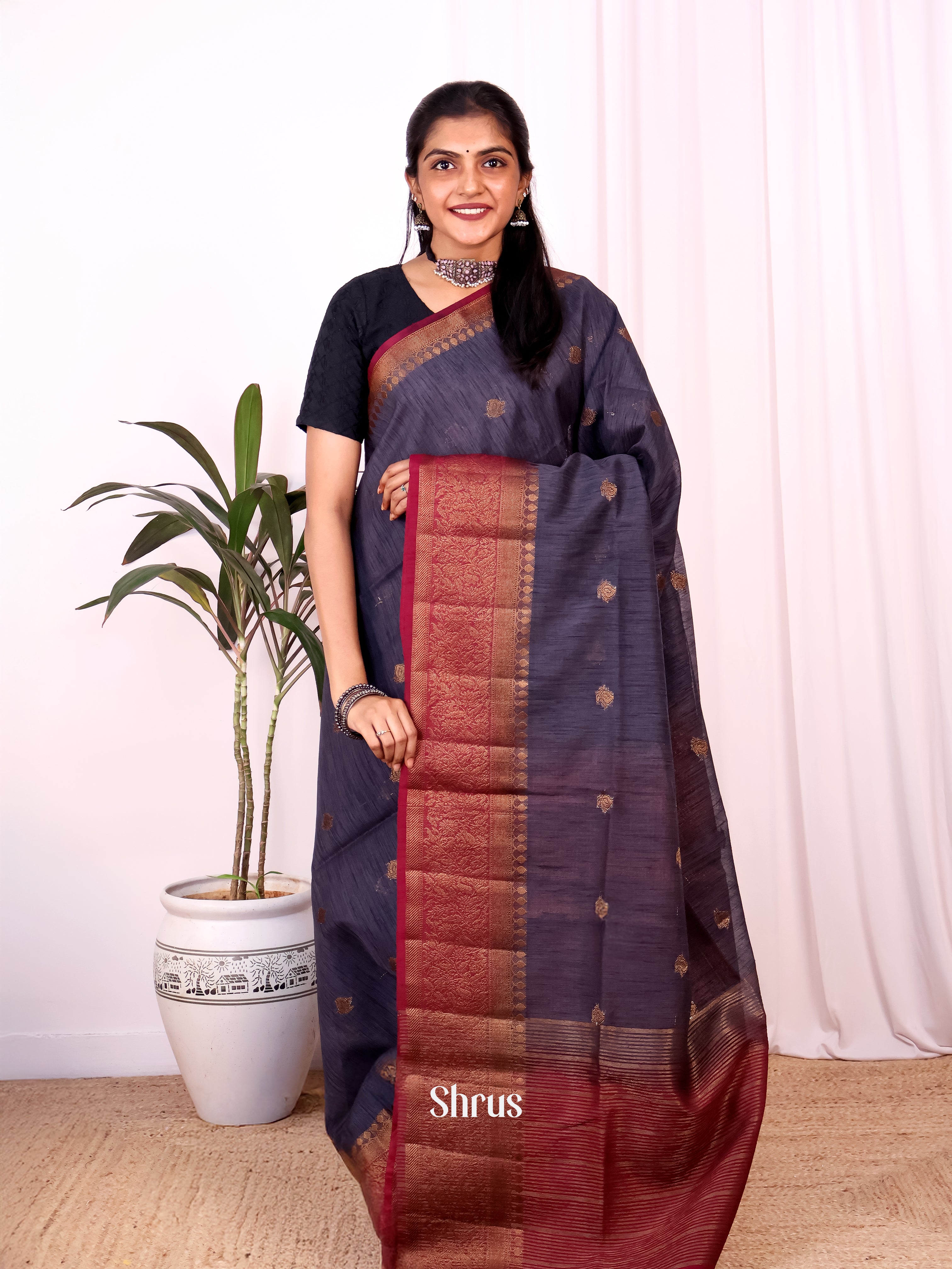 Blue & Maroon - Semi Jute Saree - Shop on Shrus.com