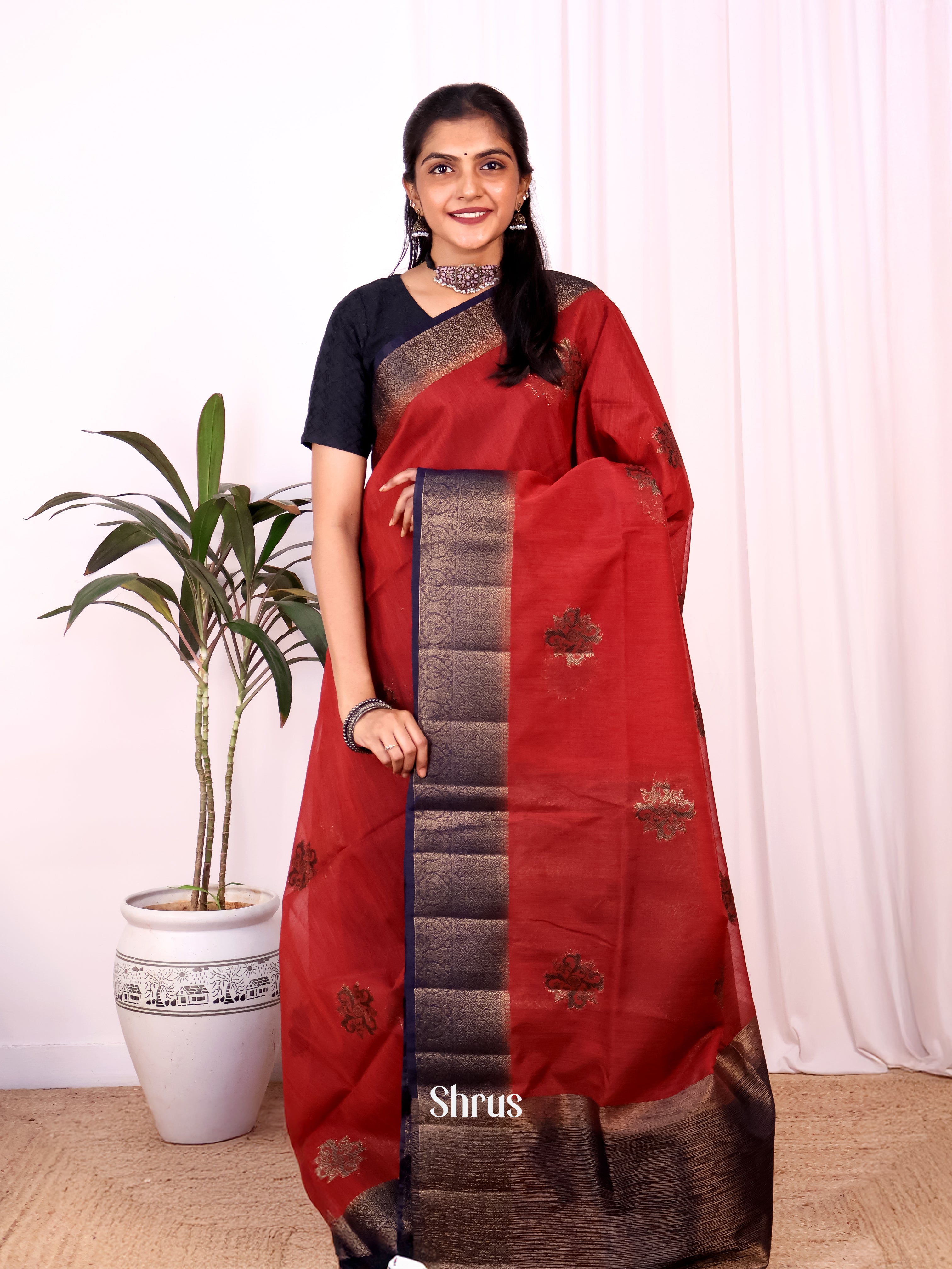 Red & Blue - Semi Jute Saree - Shop on Shrus.com