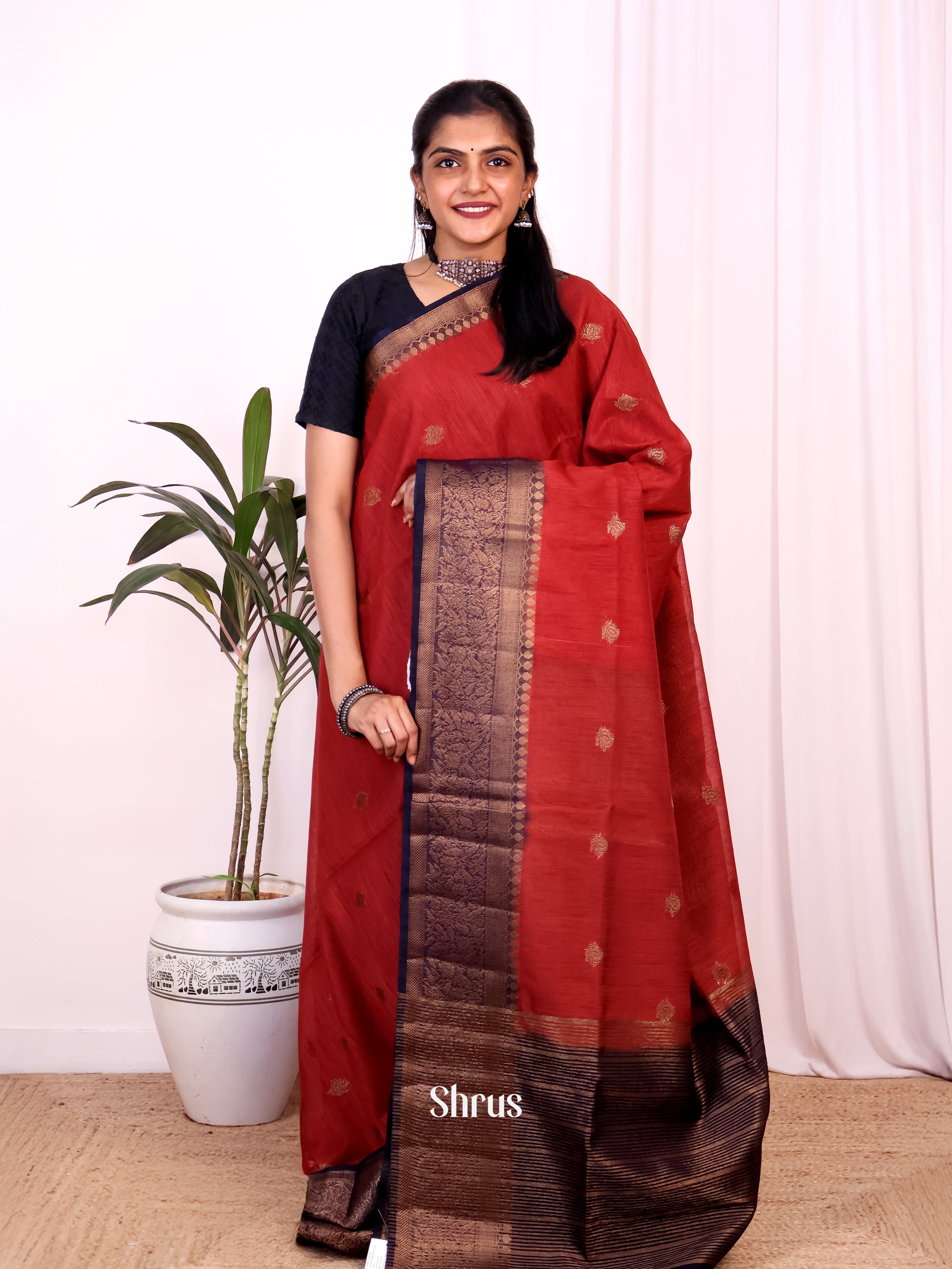 Red & Blue - Semi Jute Saree - Shop on Shrus.com