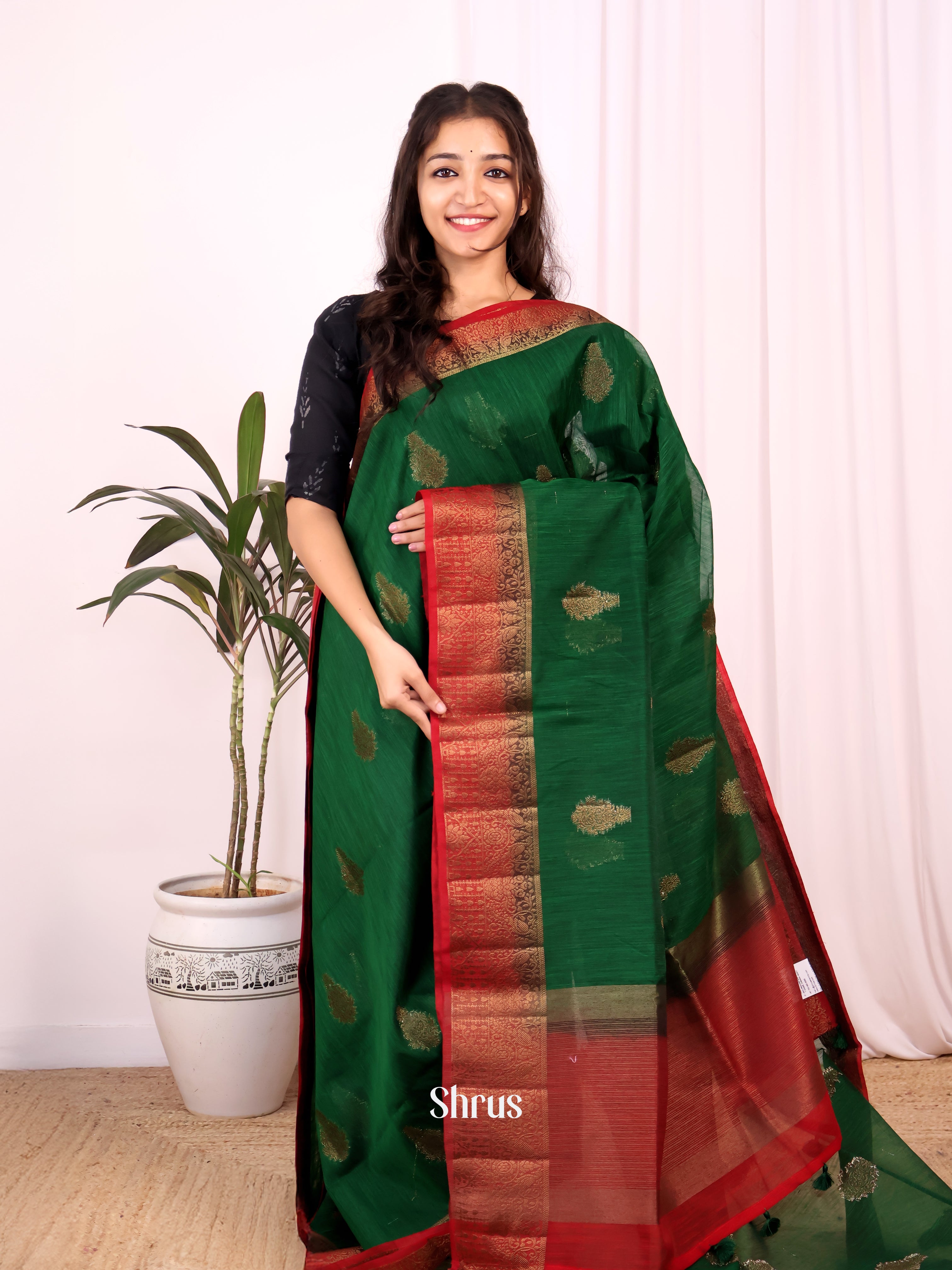Green & Red- Semi Jute Saree - Shop on Shrus.com
