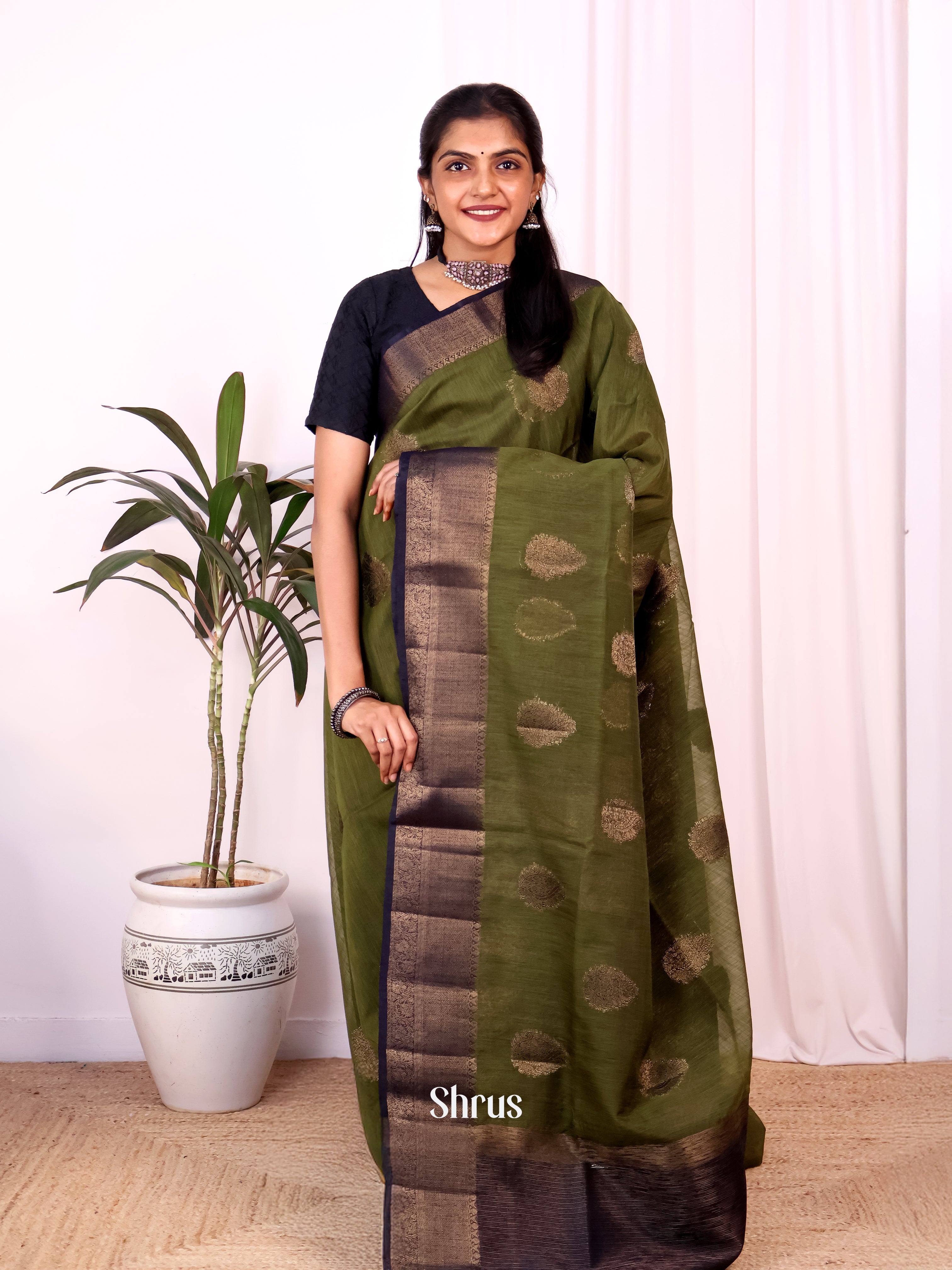 Green & blue - Semi Jute Saree - Shop on Shrus.com
