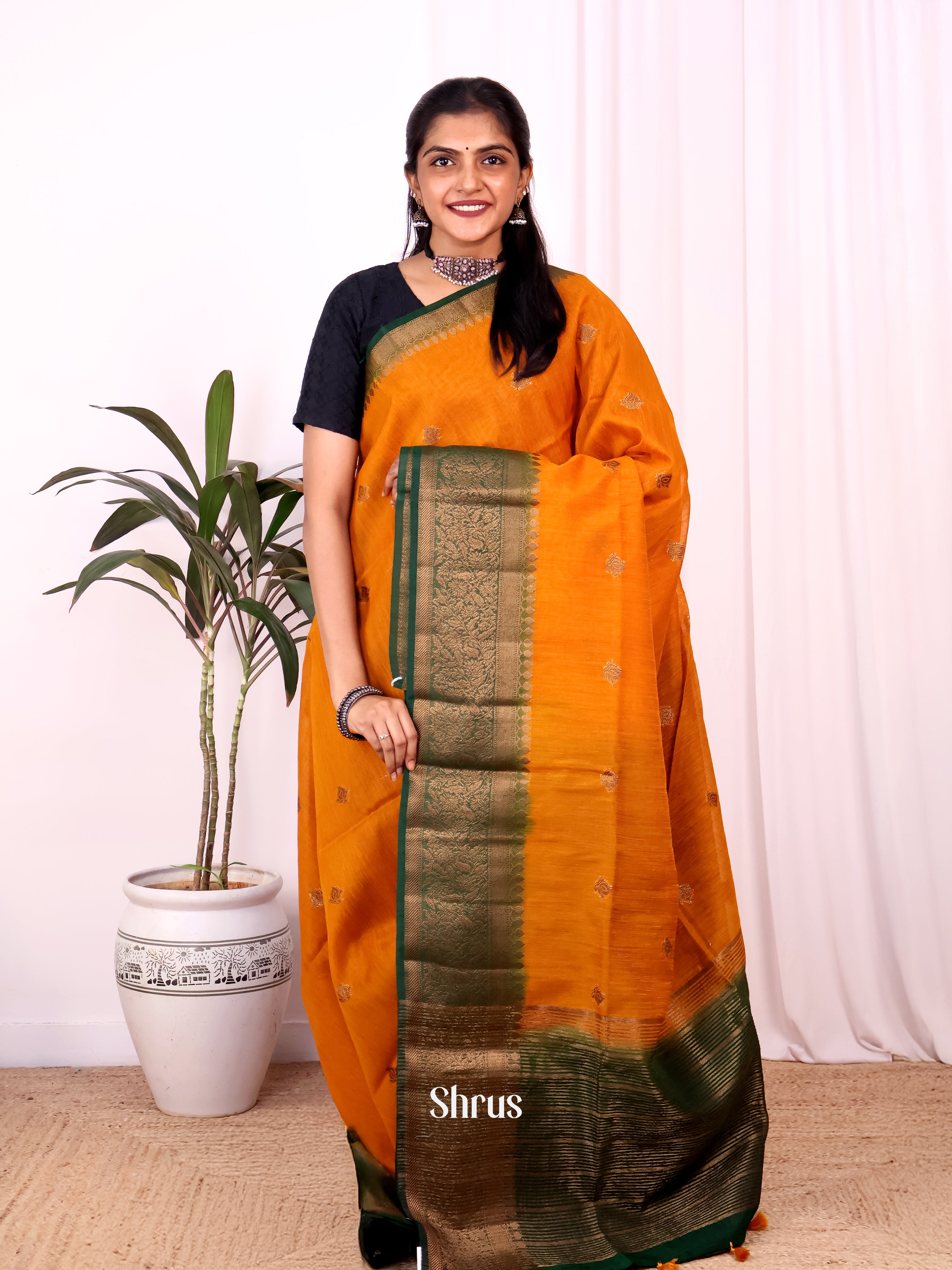 Orange & Green - Semi Jute Saree - Shop on Shrus.com