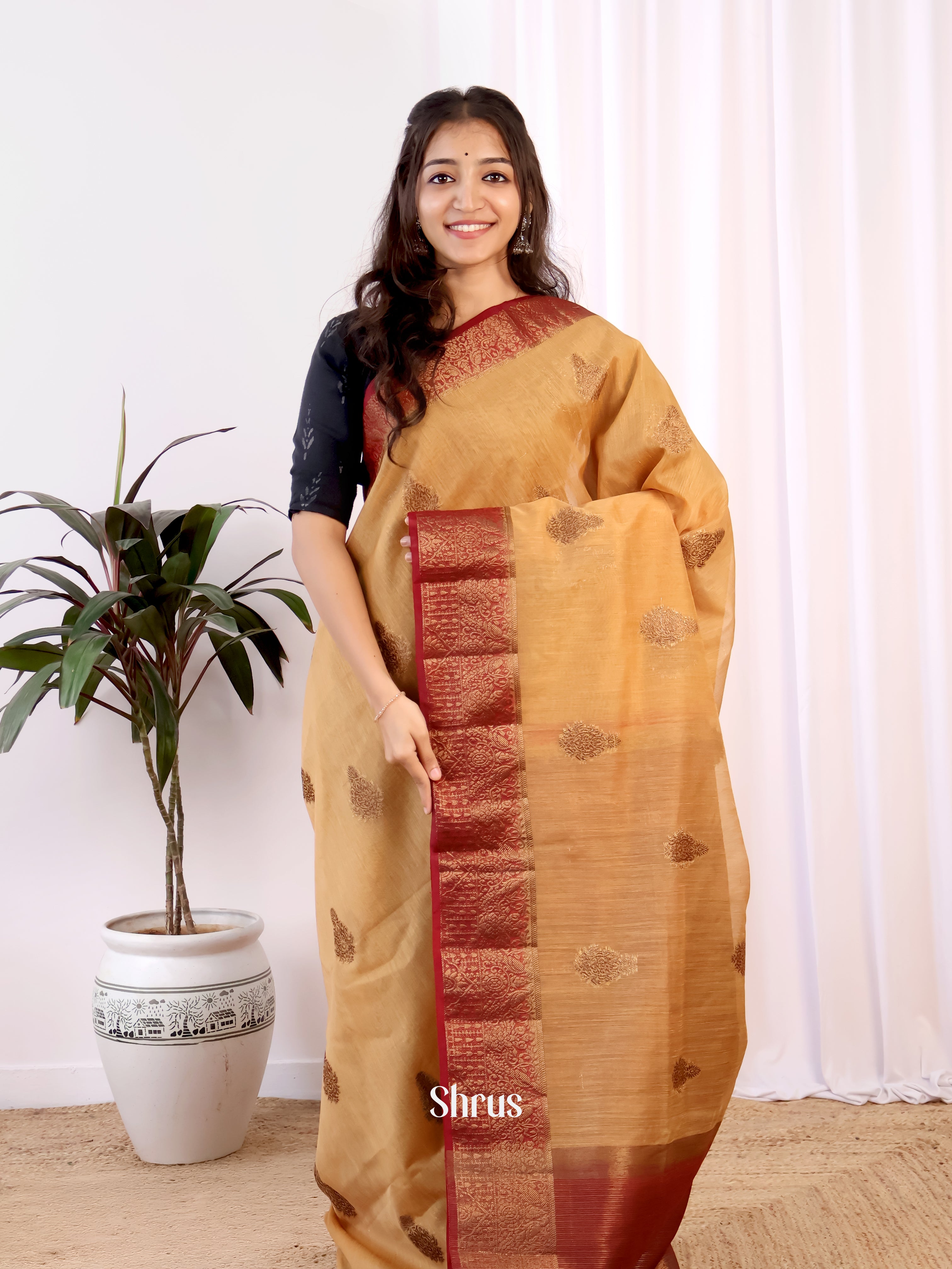 Beige & Maroon- Semi Jute Saree - Shop on Shrus.com