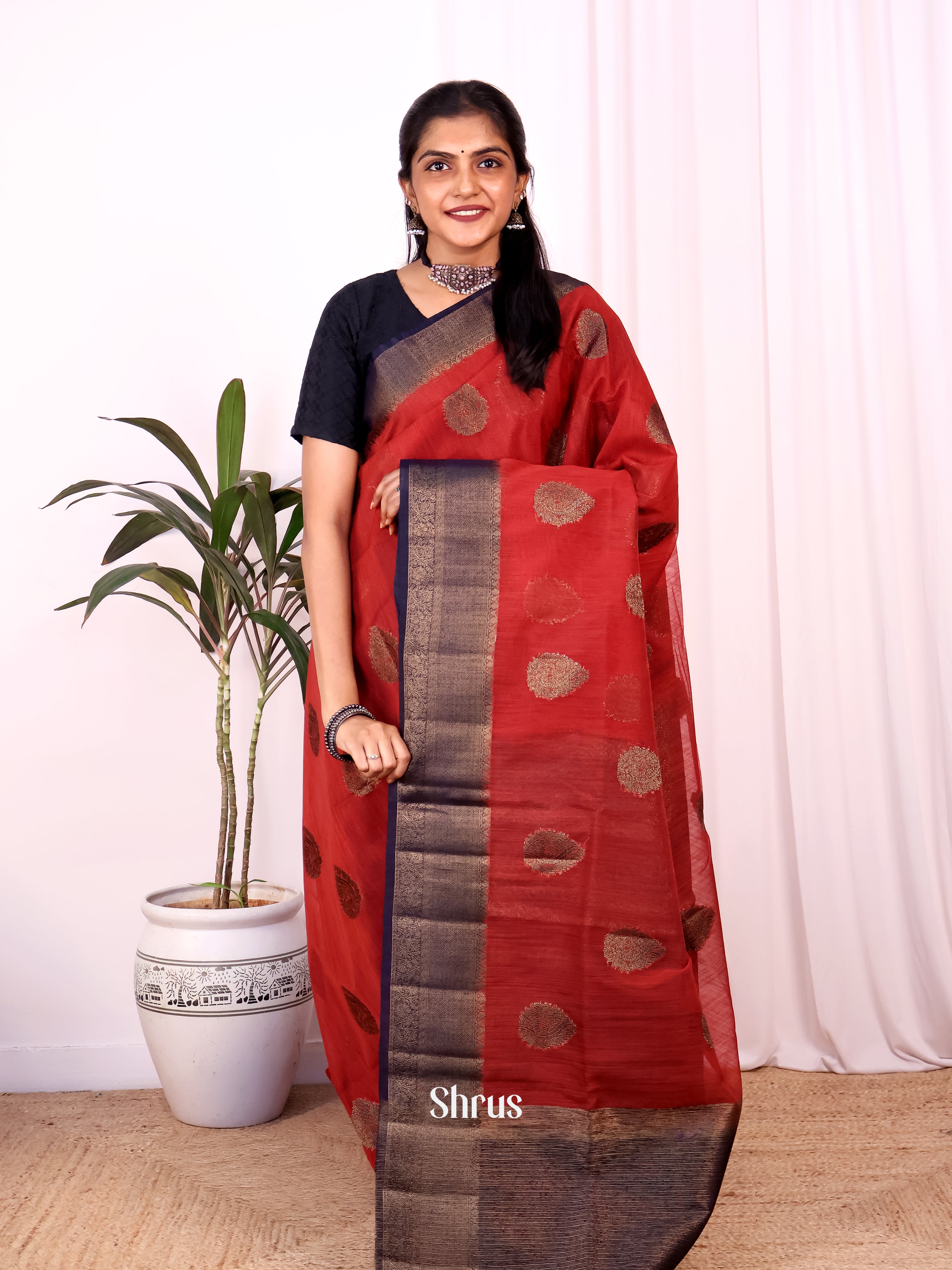 Red & Blue - Semi Jute Saree - Shop on Shrus.com