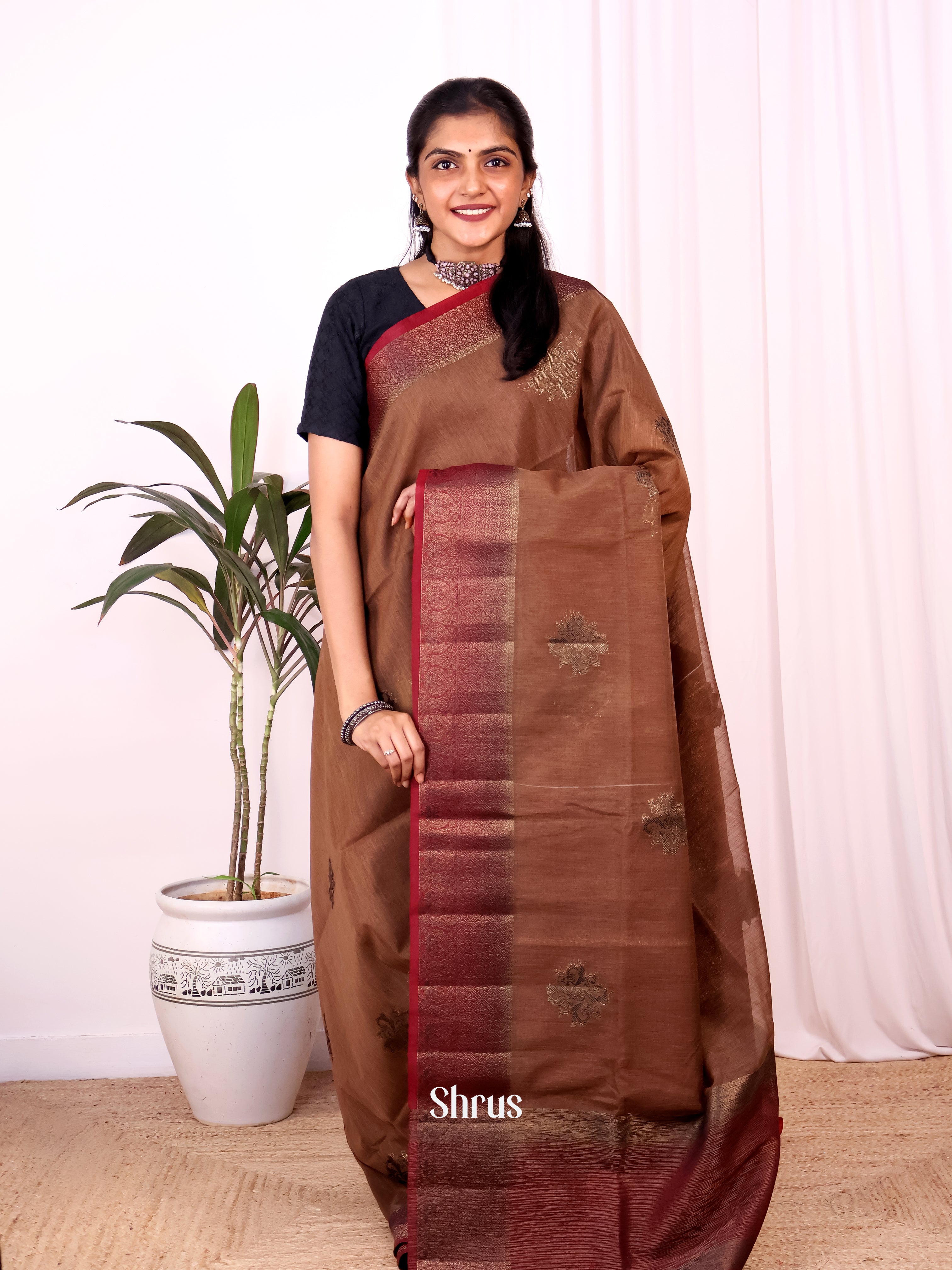 Brown & Maroon - Semi Jute Saree - Shop on Shrus.com
