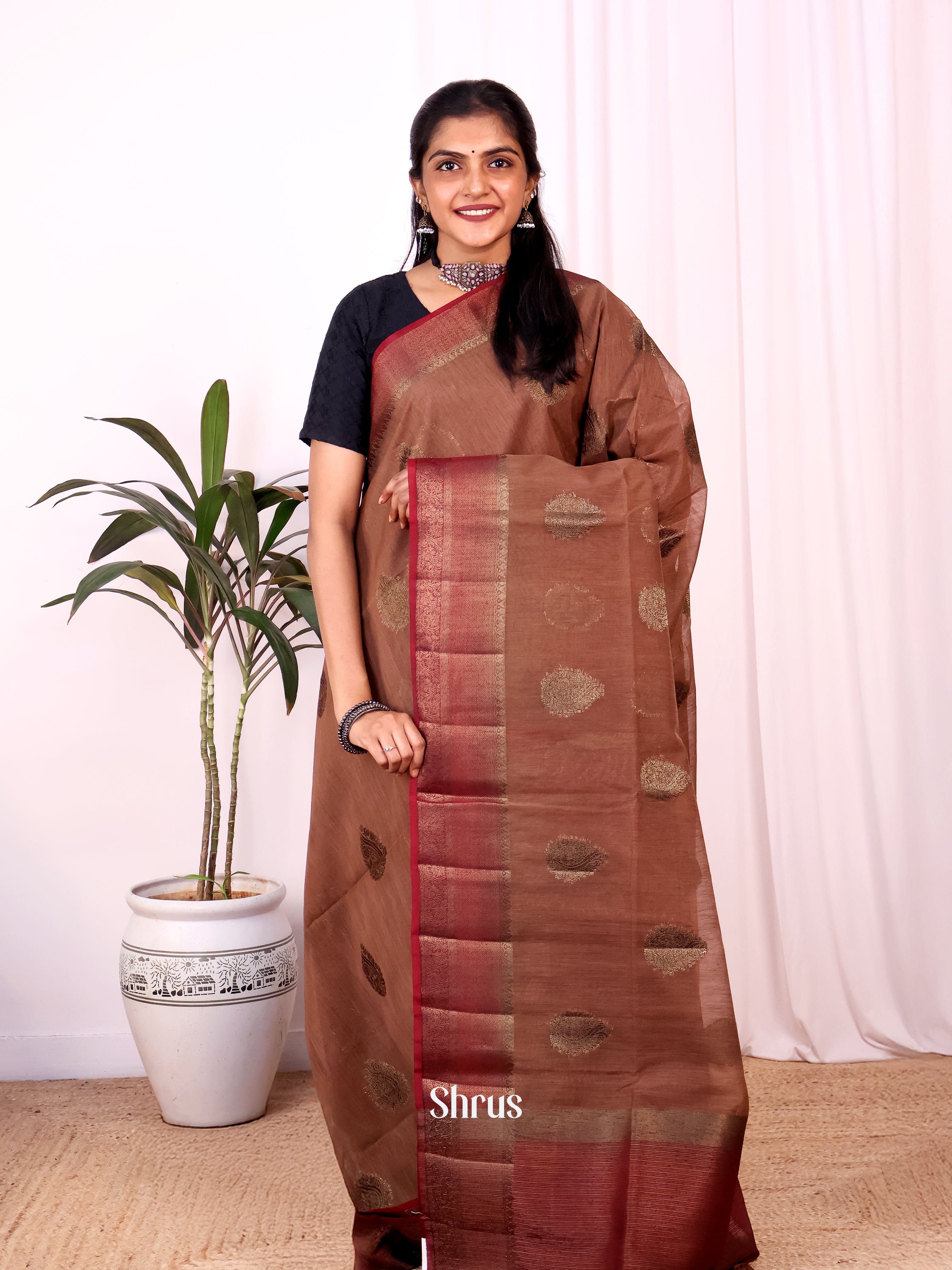 Brown & Maroon - Semi Jute Saree - Shop on Shrus.com