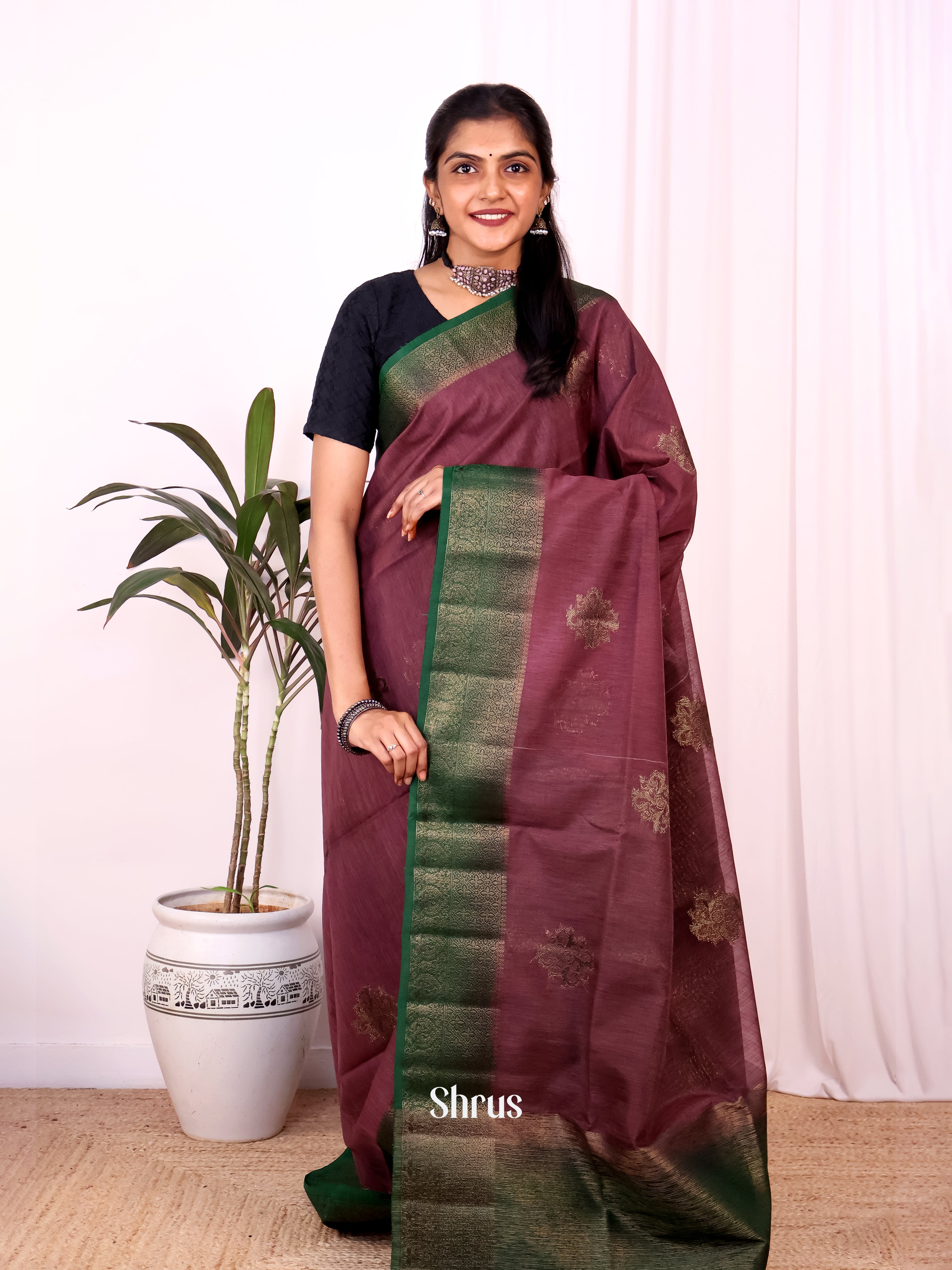Purple & Green- Semi Jute Saree - Shop on Shrus.com