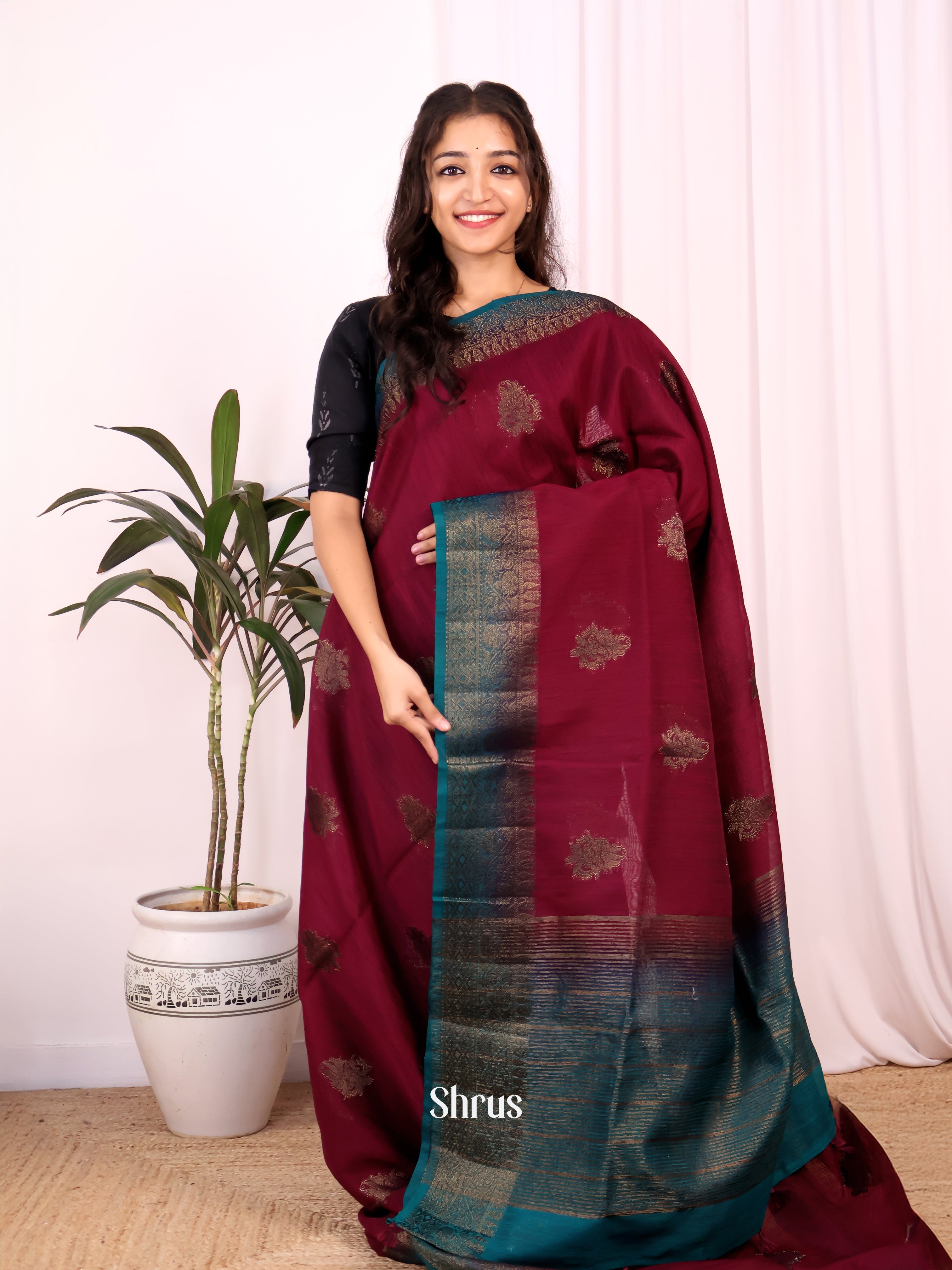 Maroon & Blue - Semi Jute Saree - Shop on Shrus.com