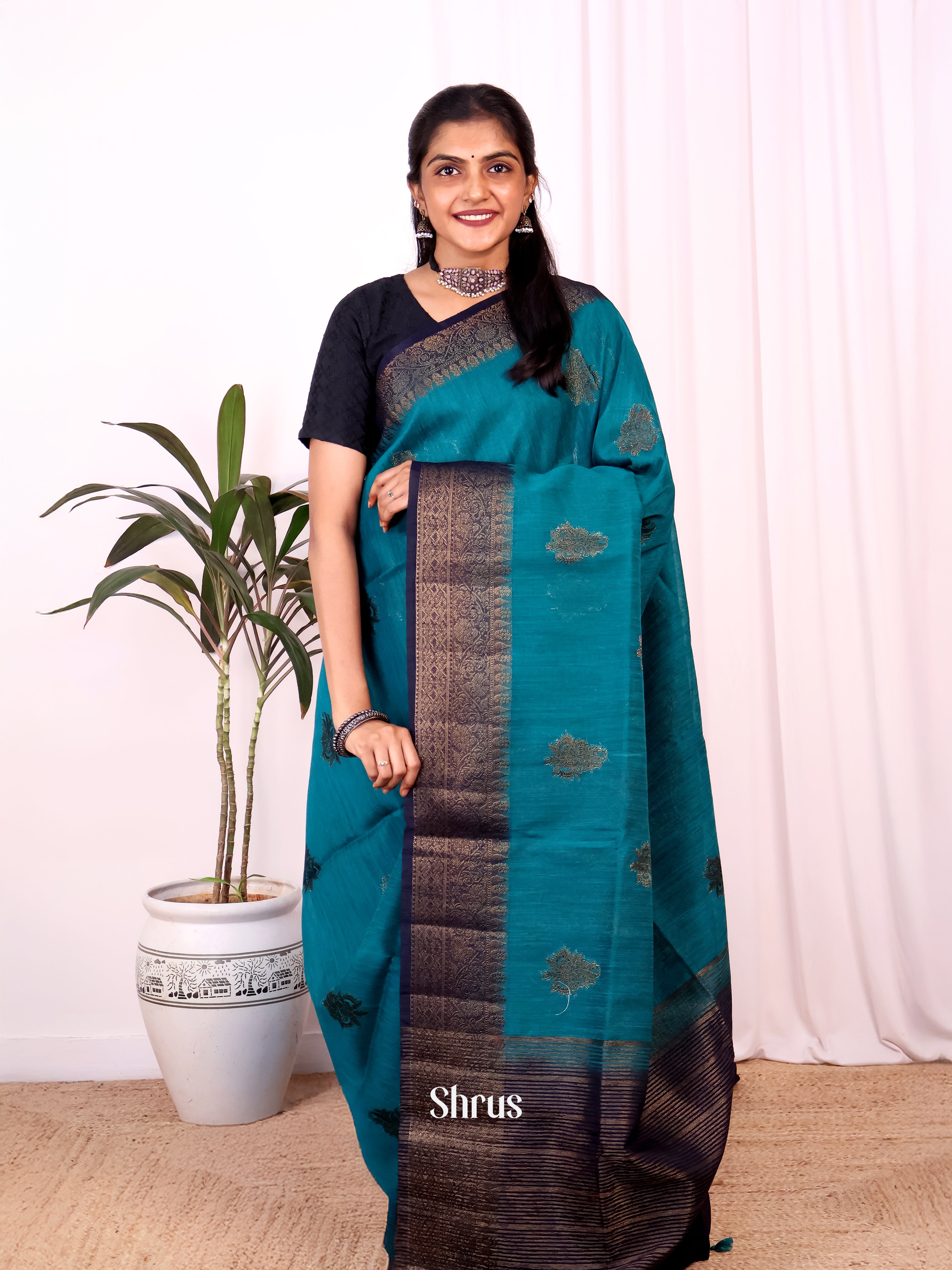 Teal & Blue - Semi Jute Saree - Shop on Shrus.com