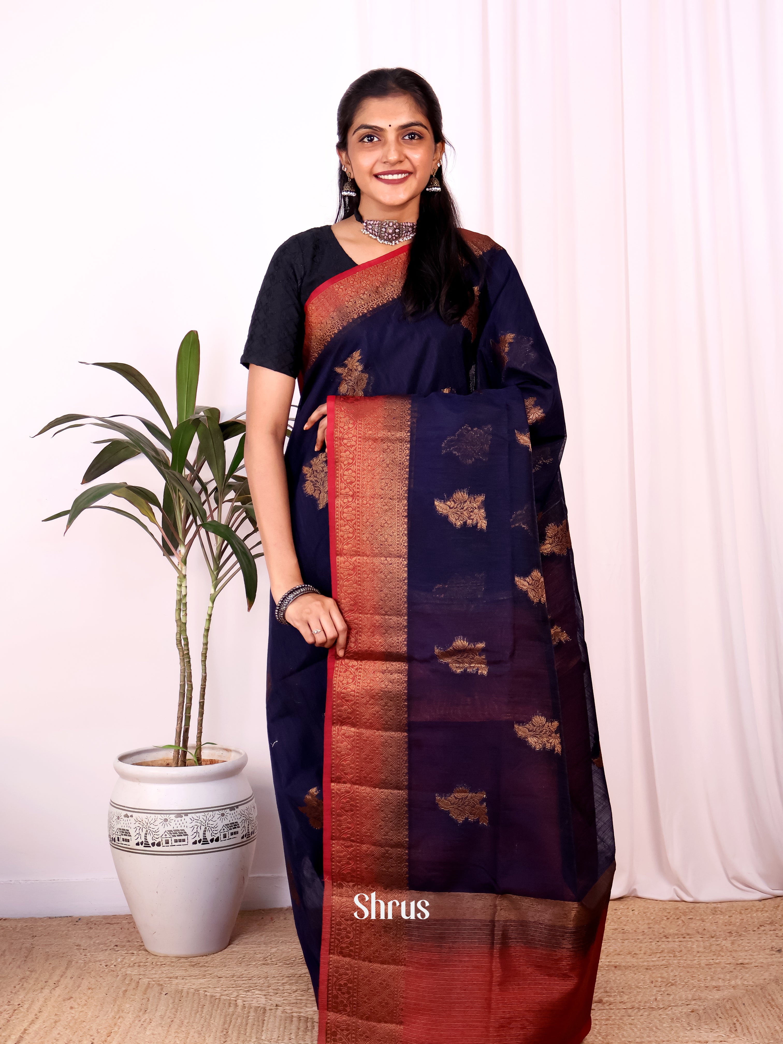 Blue & Red - Semi Jute Saree - Shop on Shrus.com