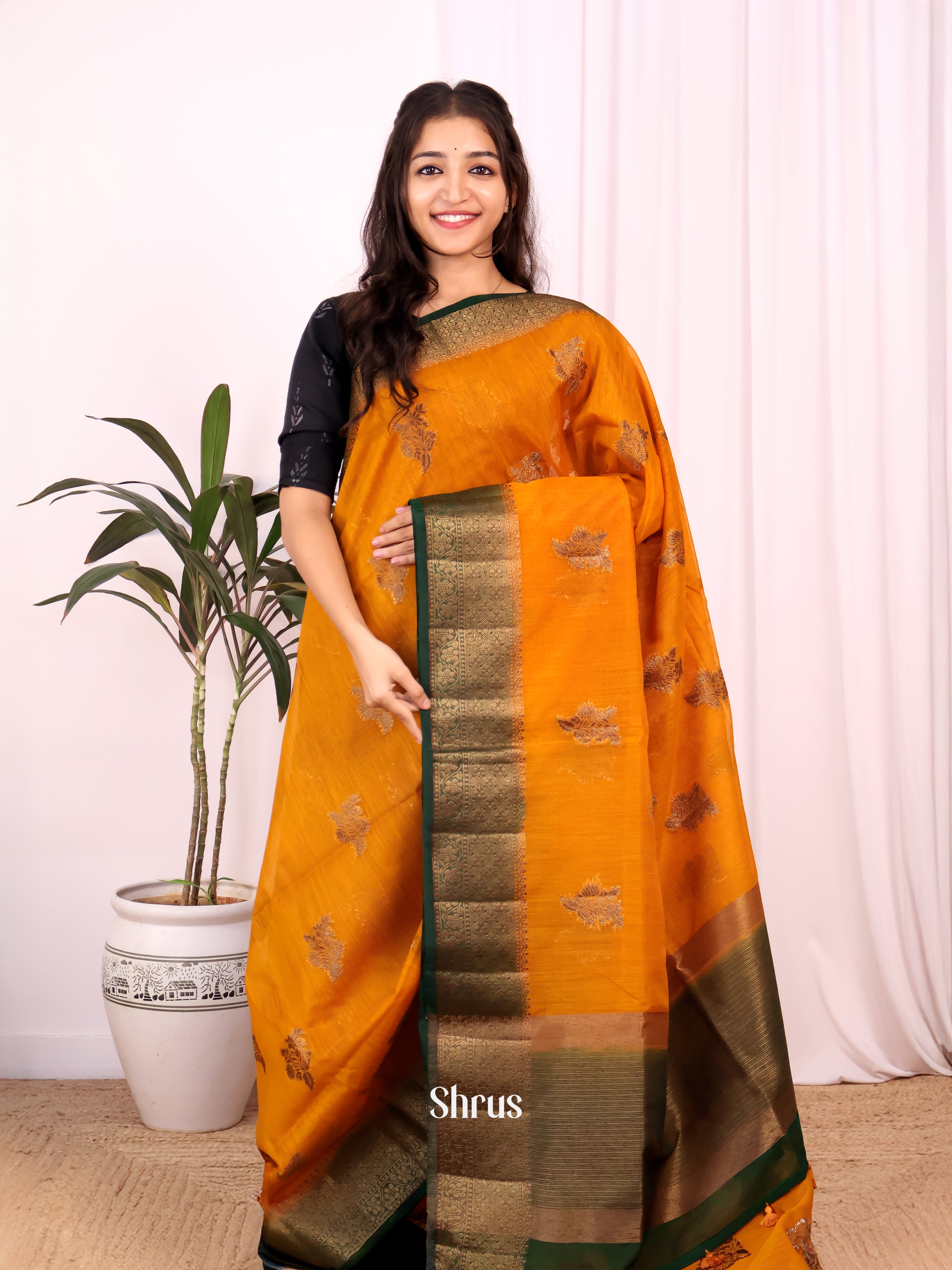 Mustard & Green - Semi Jute Saree - Shop on Shrus.com