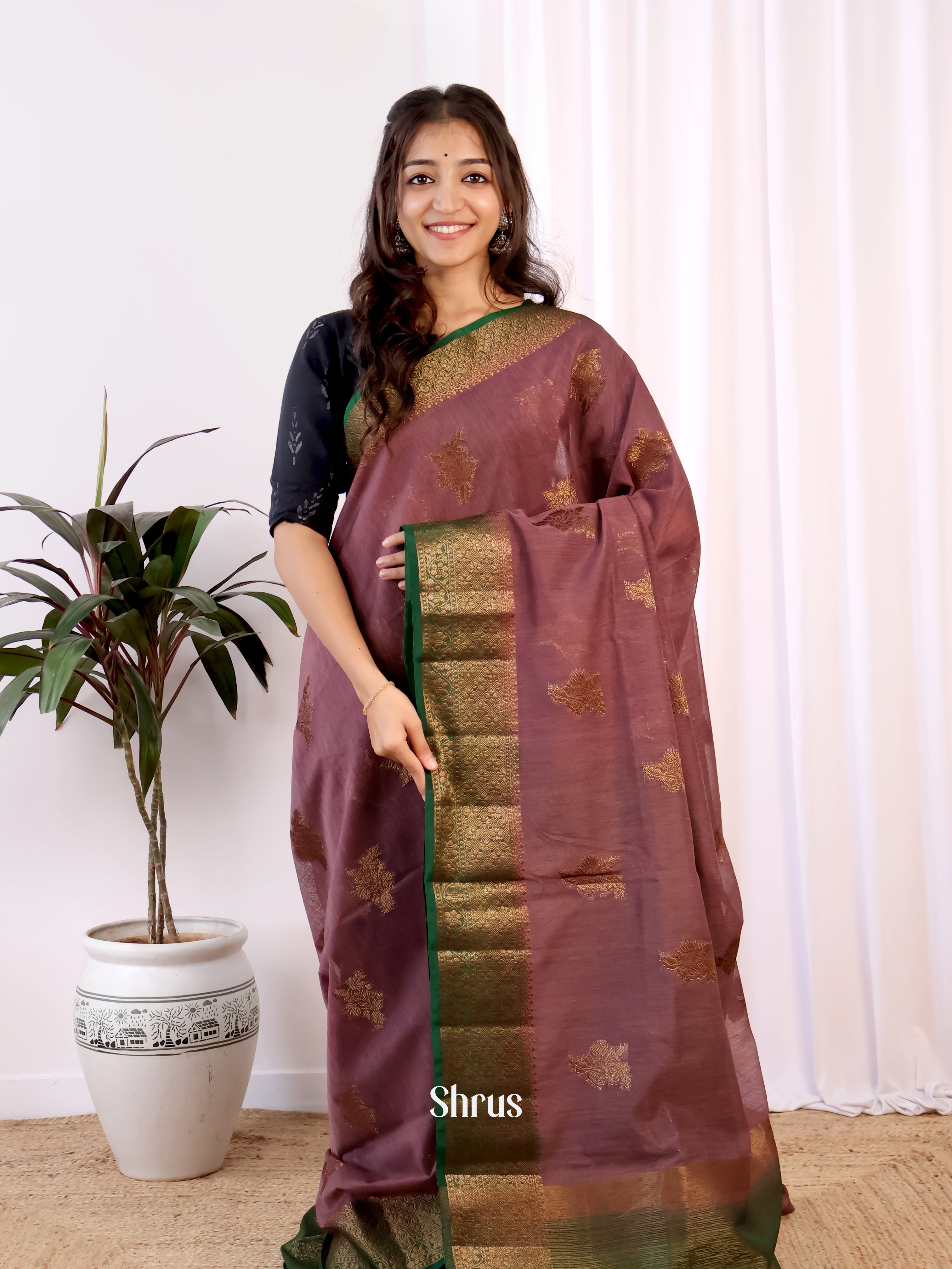 Onion Peel & Green - Semi Jute Saree - Shop on Shrus.com