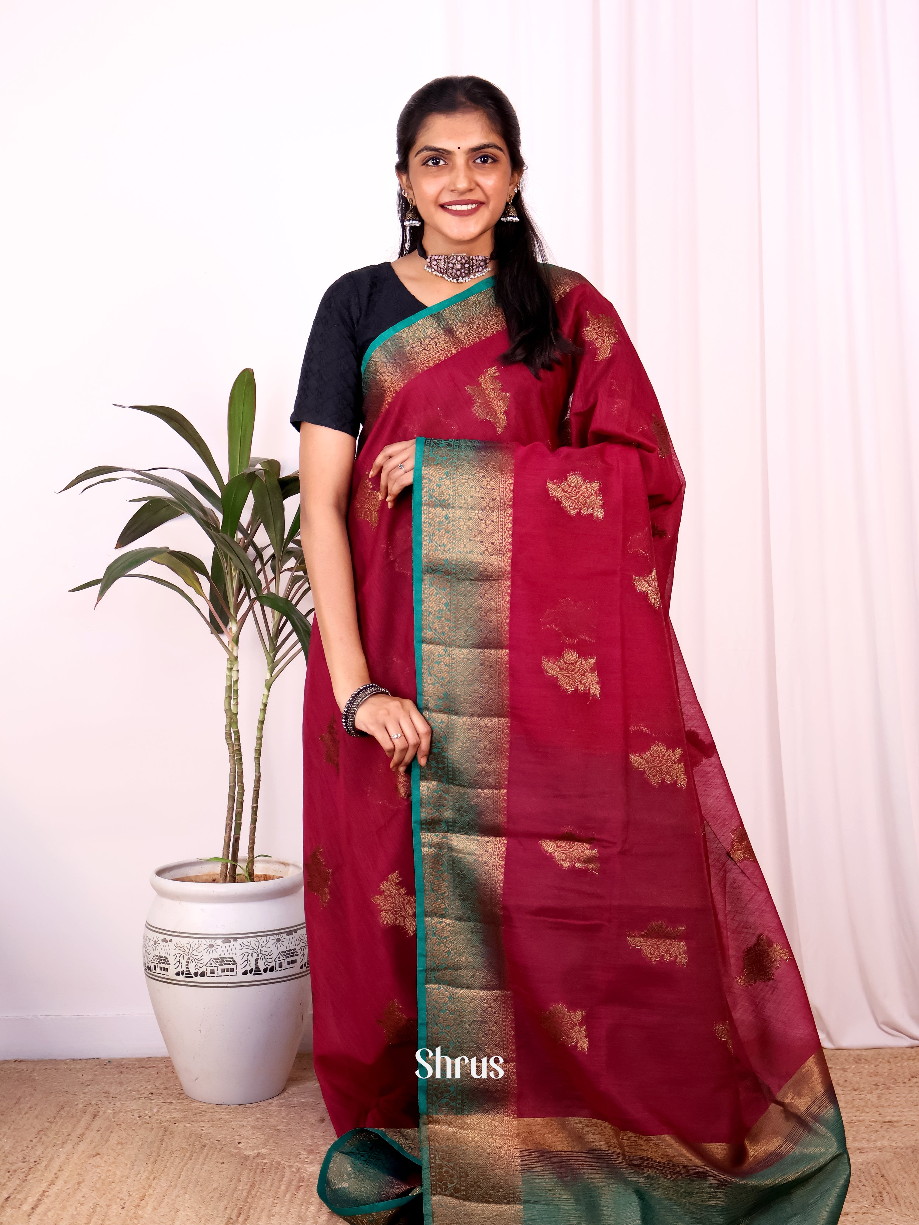 Maroon & Green - Semi Jute Saree - Shop on Shrus.com