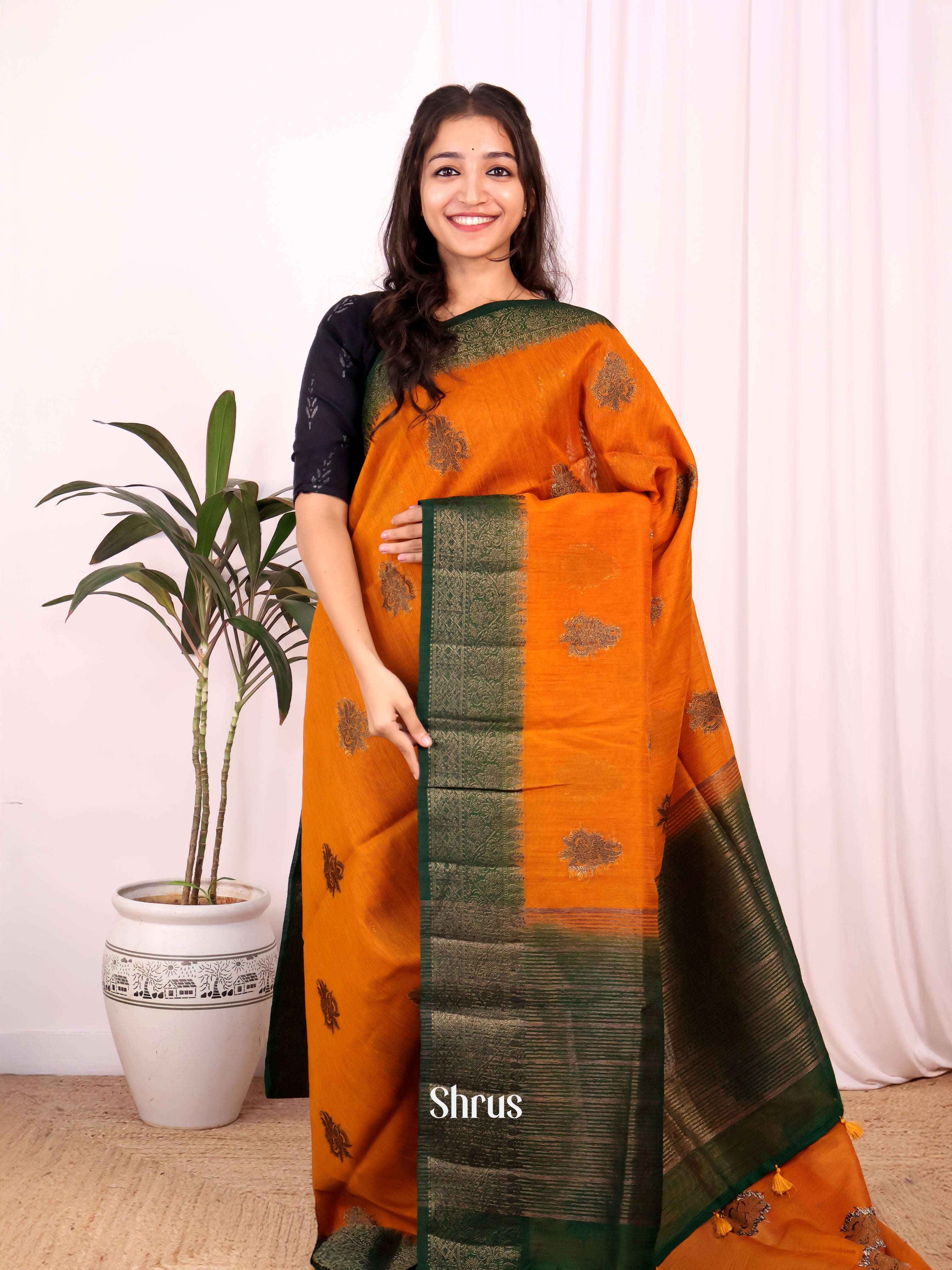 Mustard & Green - Semi Jute Saree - Shop on Shrus.com