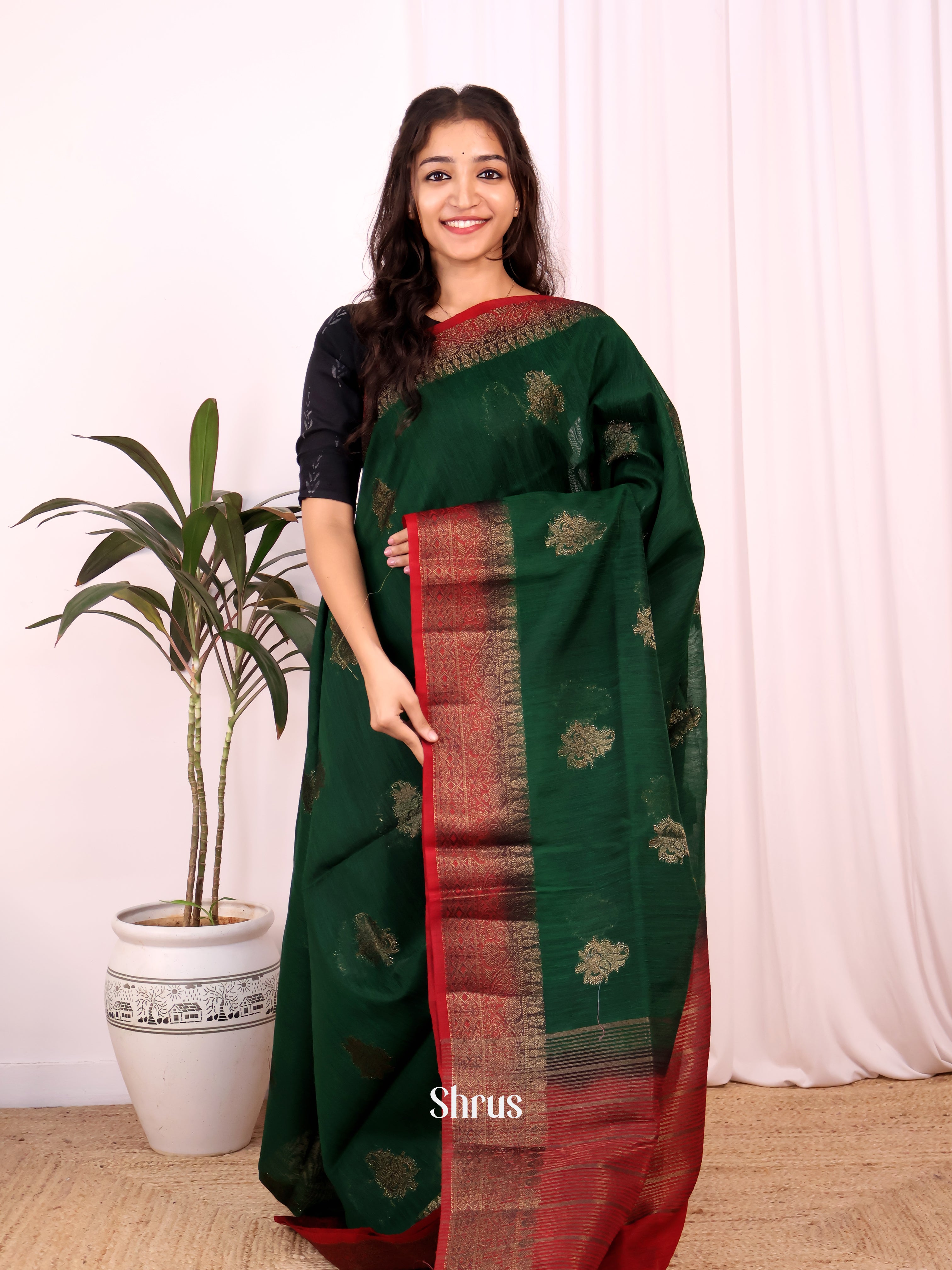 Green & Maroon- Semi Jute Saree - Shop on Shrus.com