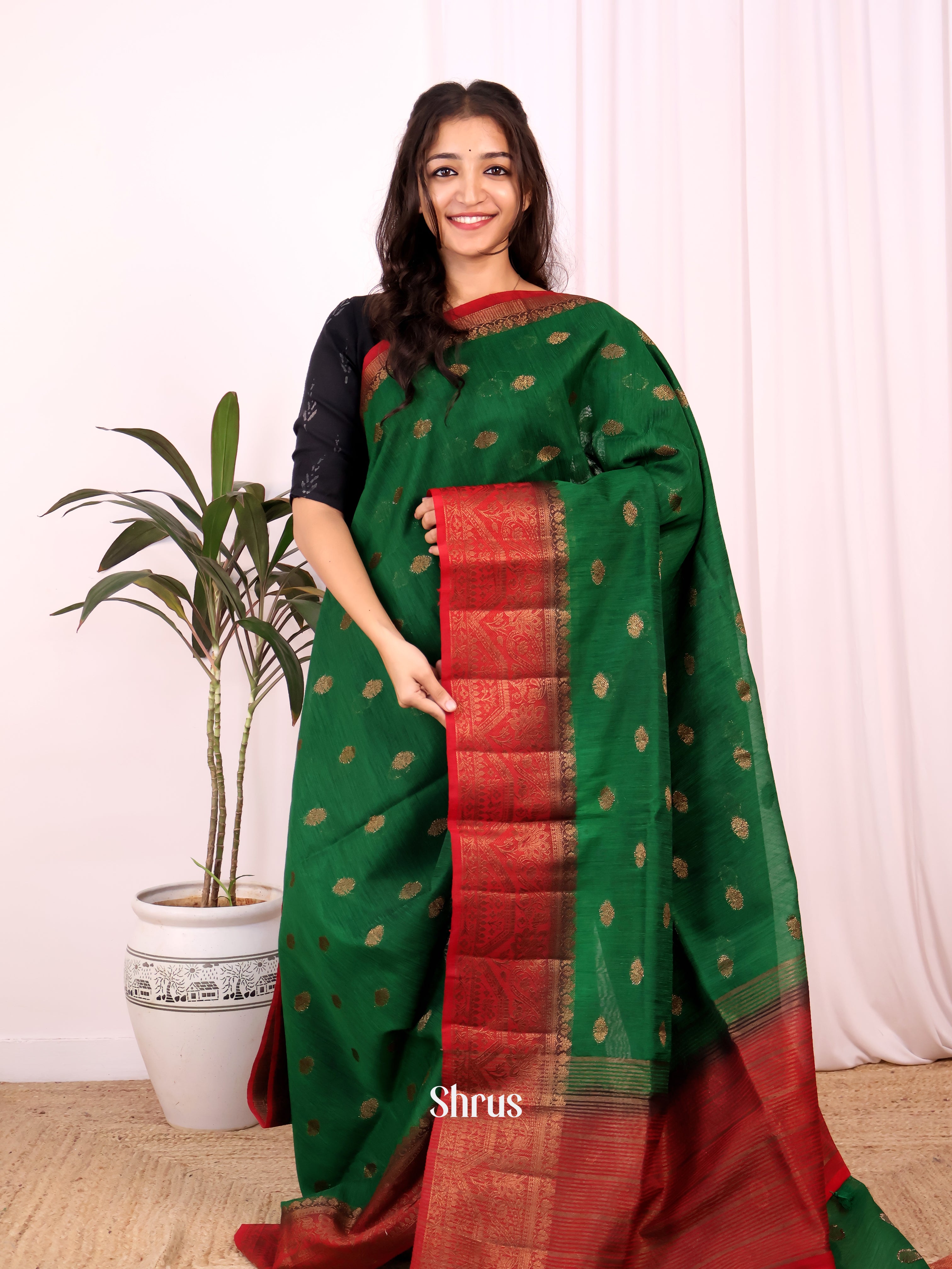 Green & Maroon - Semi Jute Saree - Shop on Shrus.com