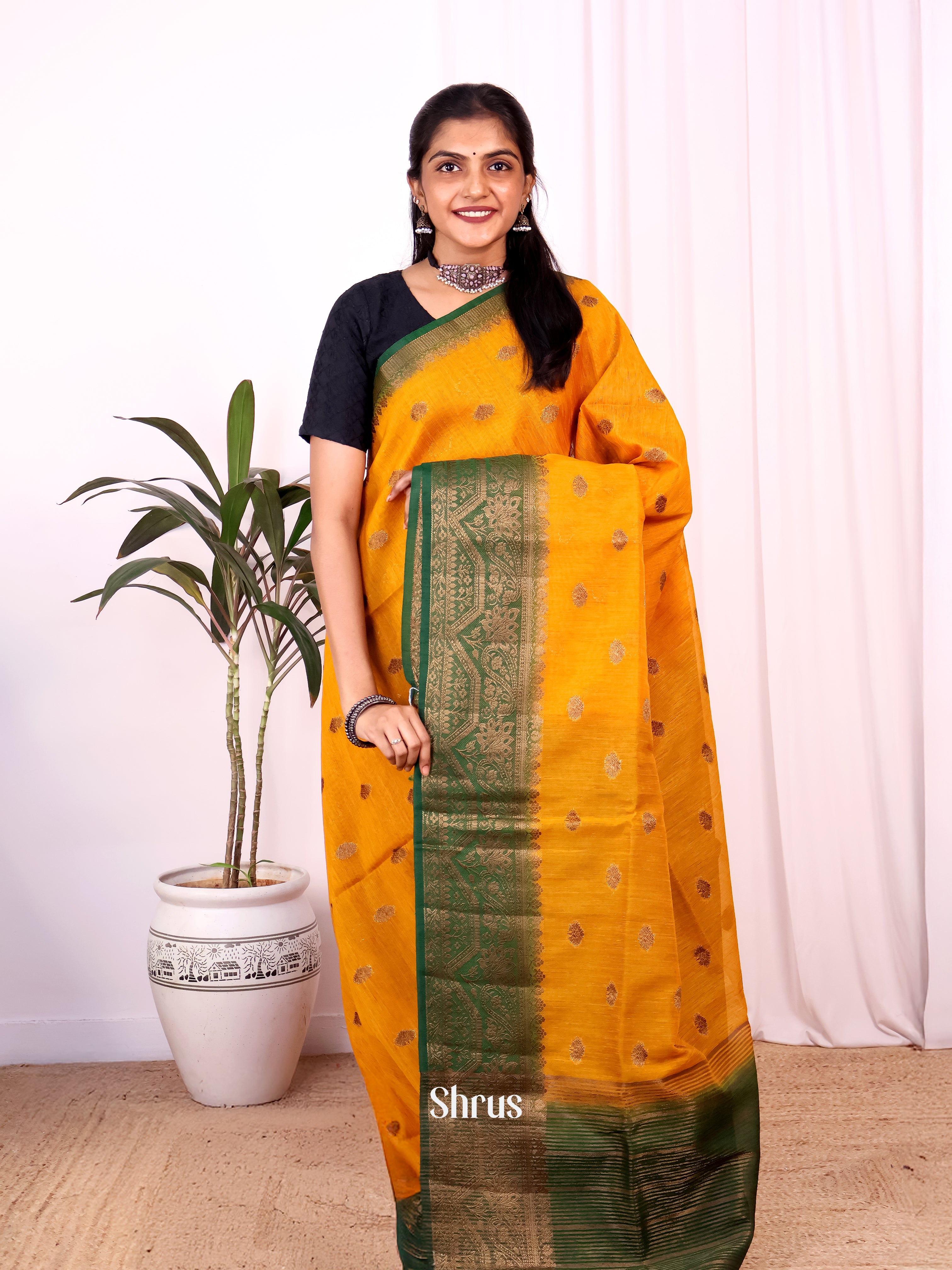 Yellow & Green - Semi Jute Saree - Shop on Shrus.com