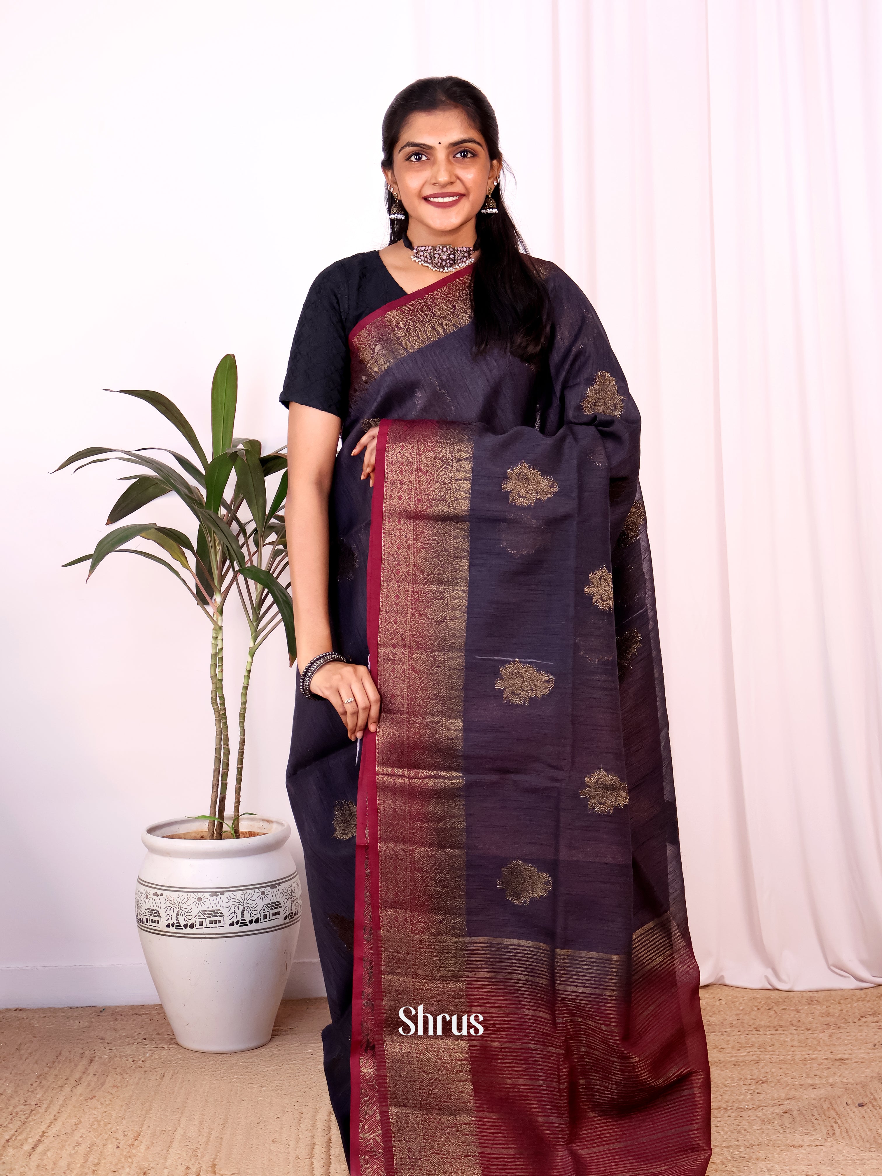 Purple & Maroon - Semi Jute Saree - Shop on Shrus.com