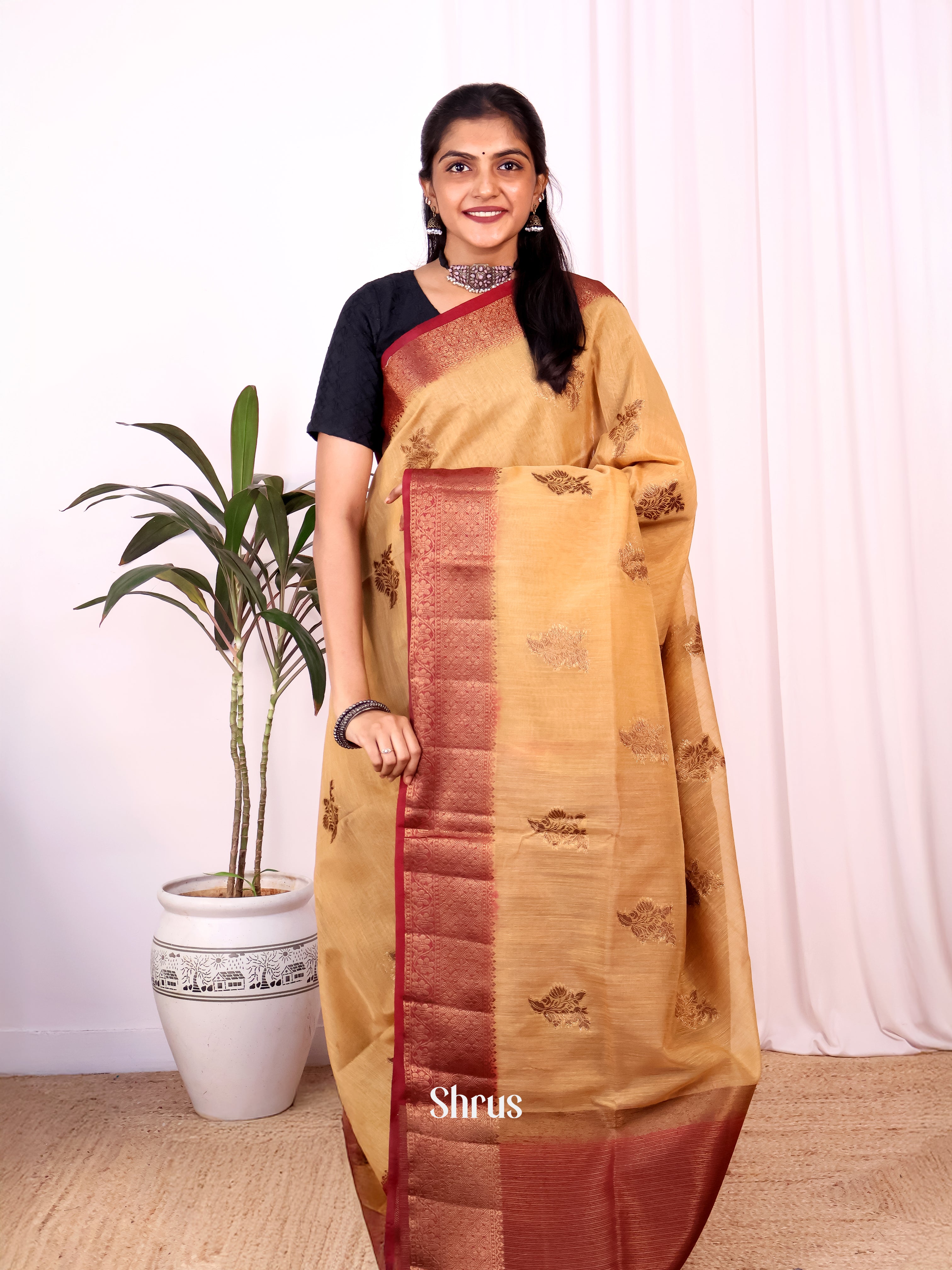 Sandal & Maroon - Semi Jute Saree - Shop on Shrus.com
