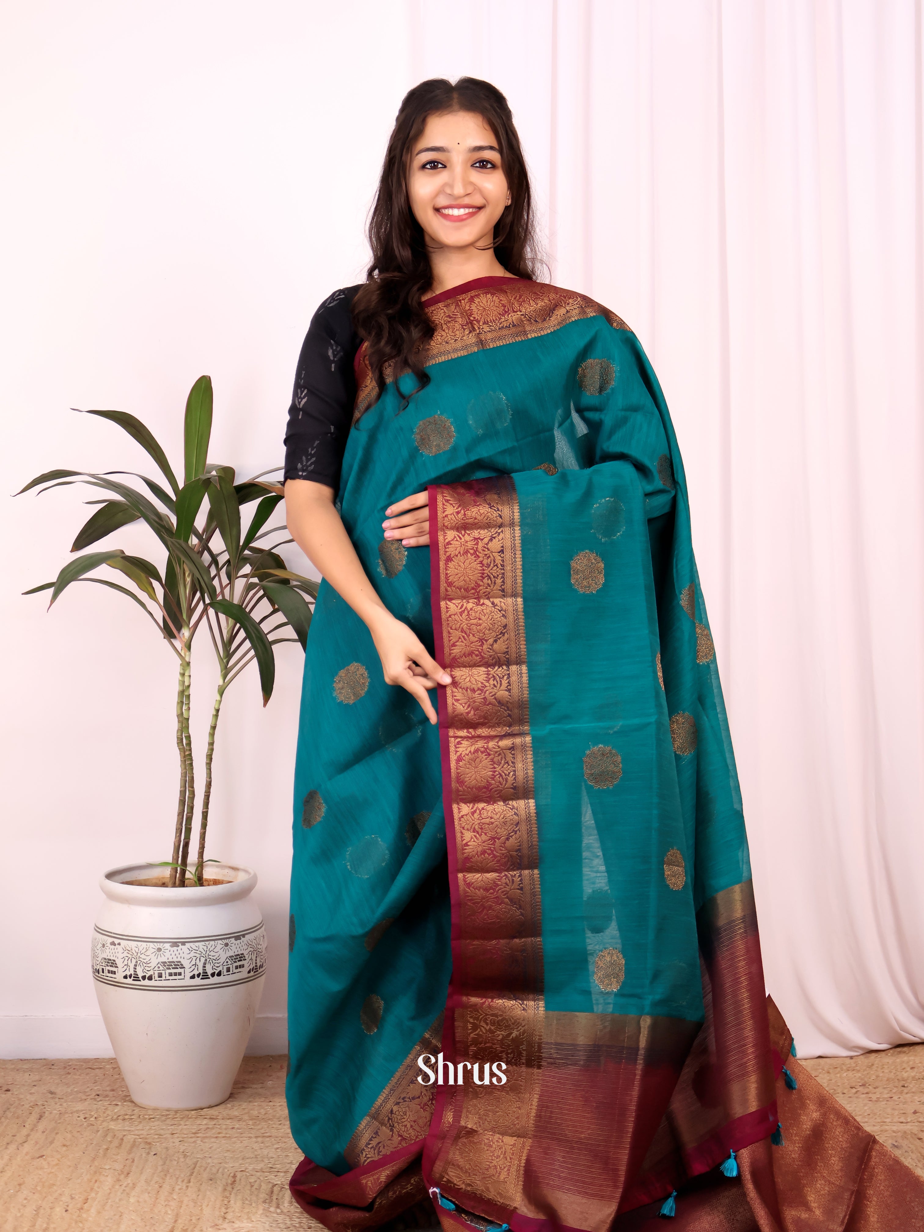 Blue & Maroon - Semi Jute Saree - Shop on Shrus.com