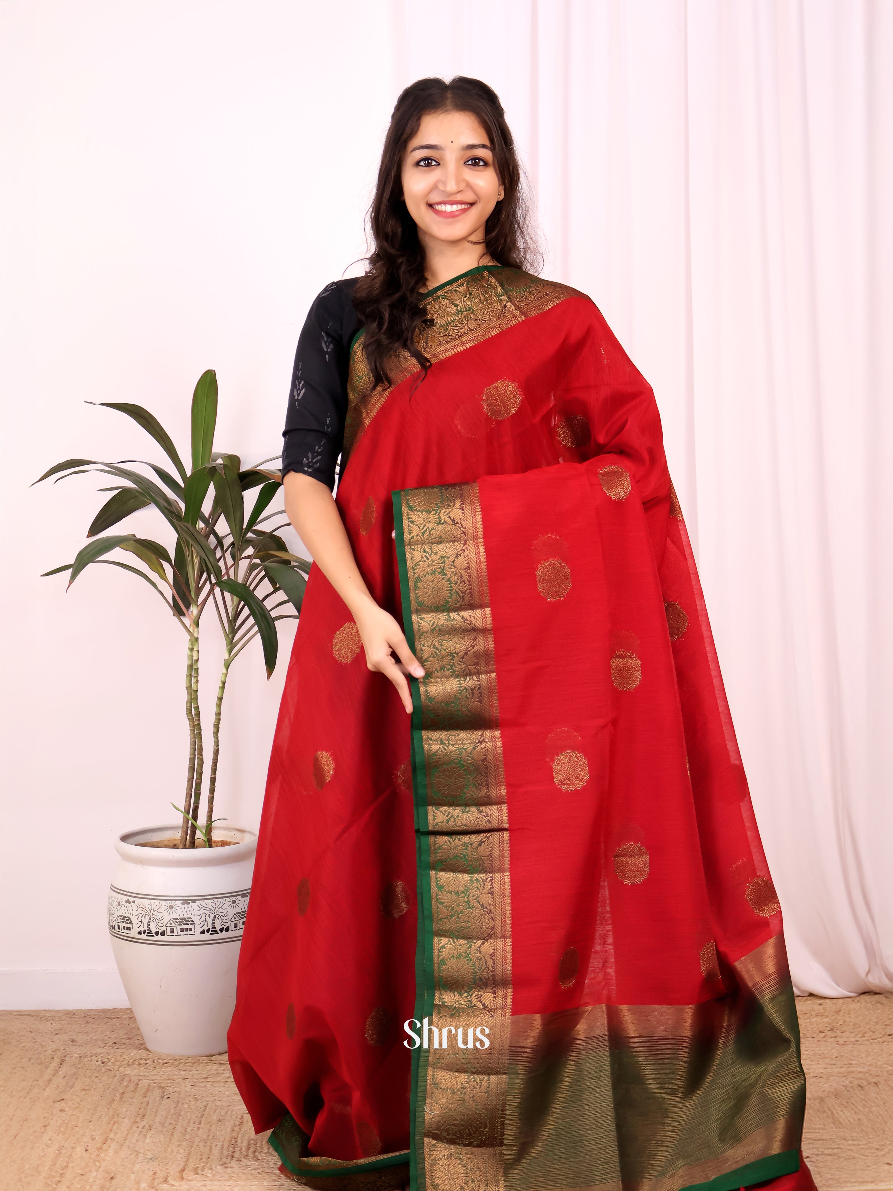 Red & Green- Semi Jute Saree - Shop on Shrus.com