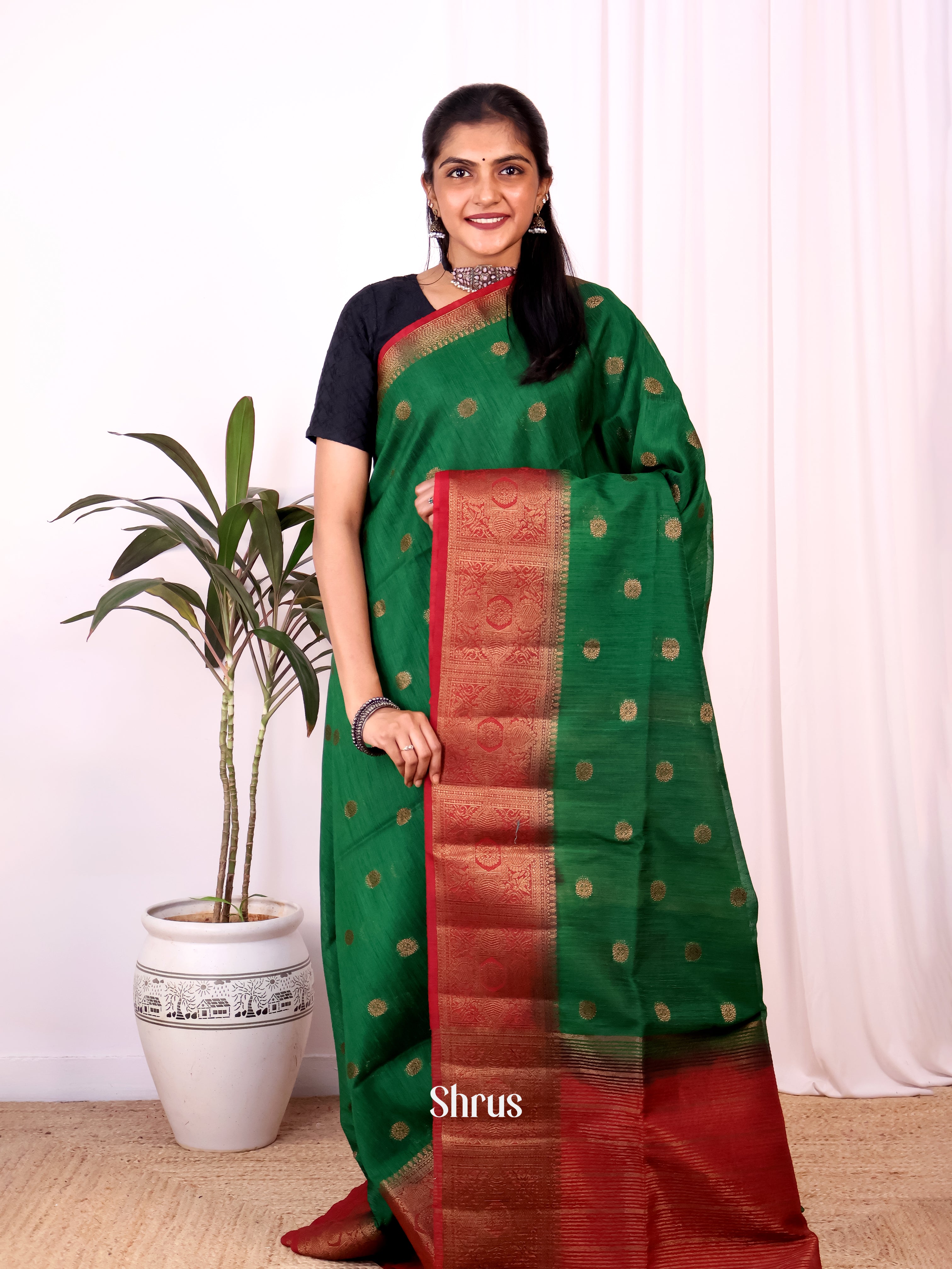 Green & Maroon- Semi Jute Saree - Shop on Shrus.com