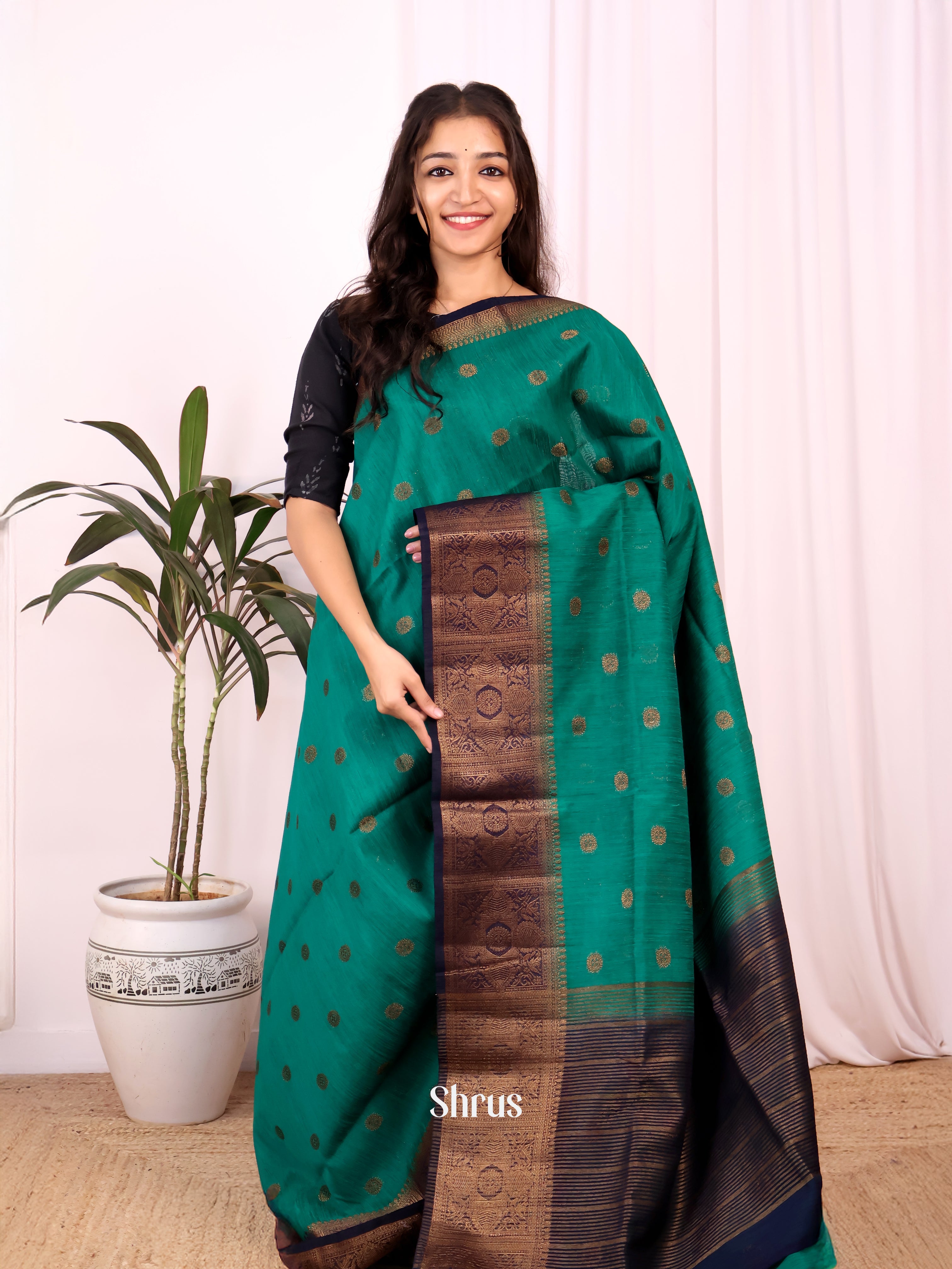 Green & Blue - Semi Jute Saree - Shop on Shrus.com