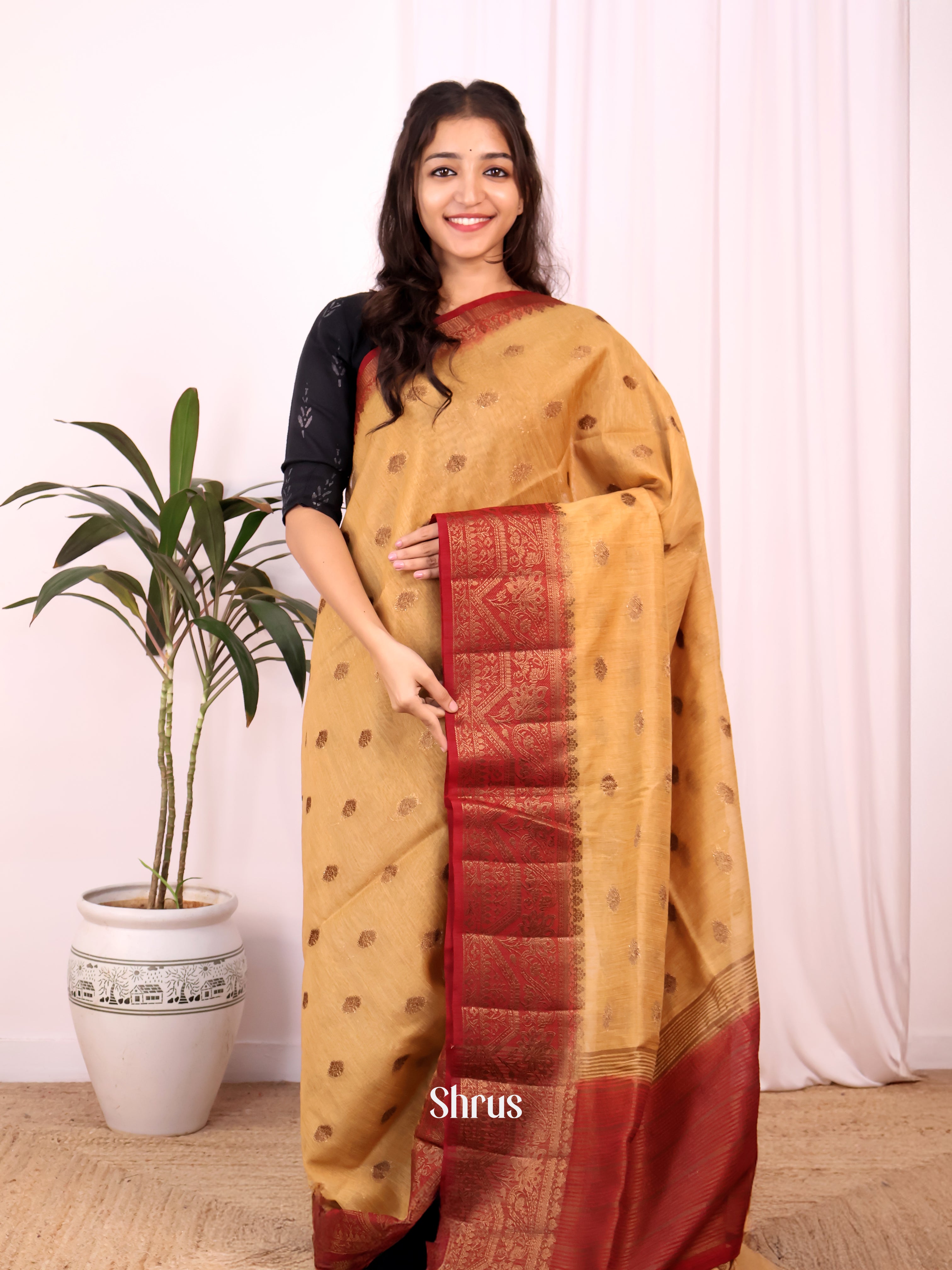 Beige & Maroon - Semi Jute Saree - Shop on Shrus.com