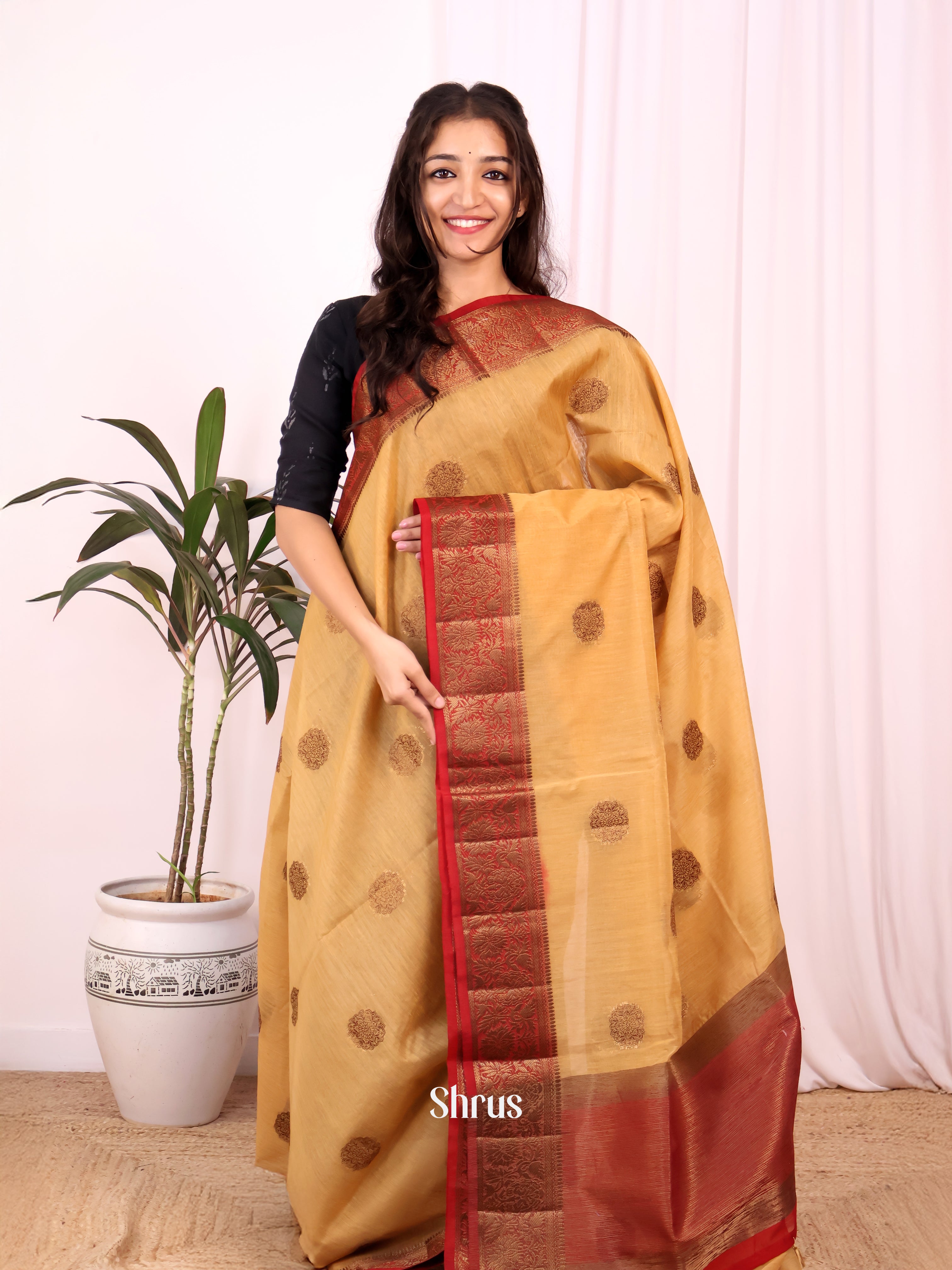 Beige & Maroon- Semi Jute Saree - Shop on Shrus.com