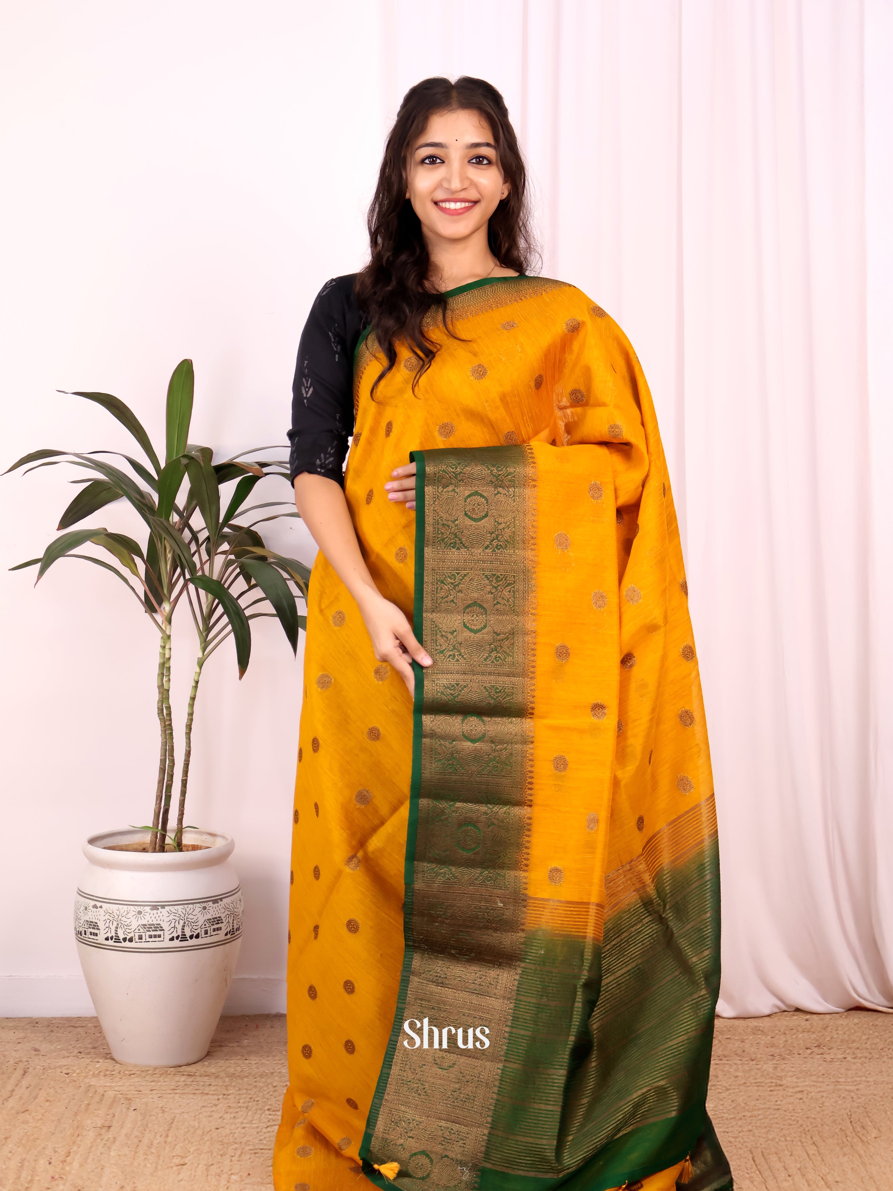 Yellow & Green - Semi Jute Saree - Shop on Shrus.com