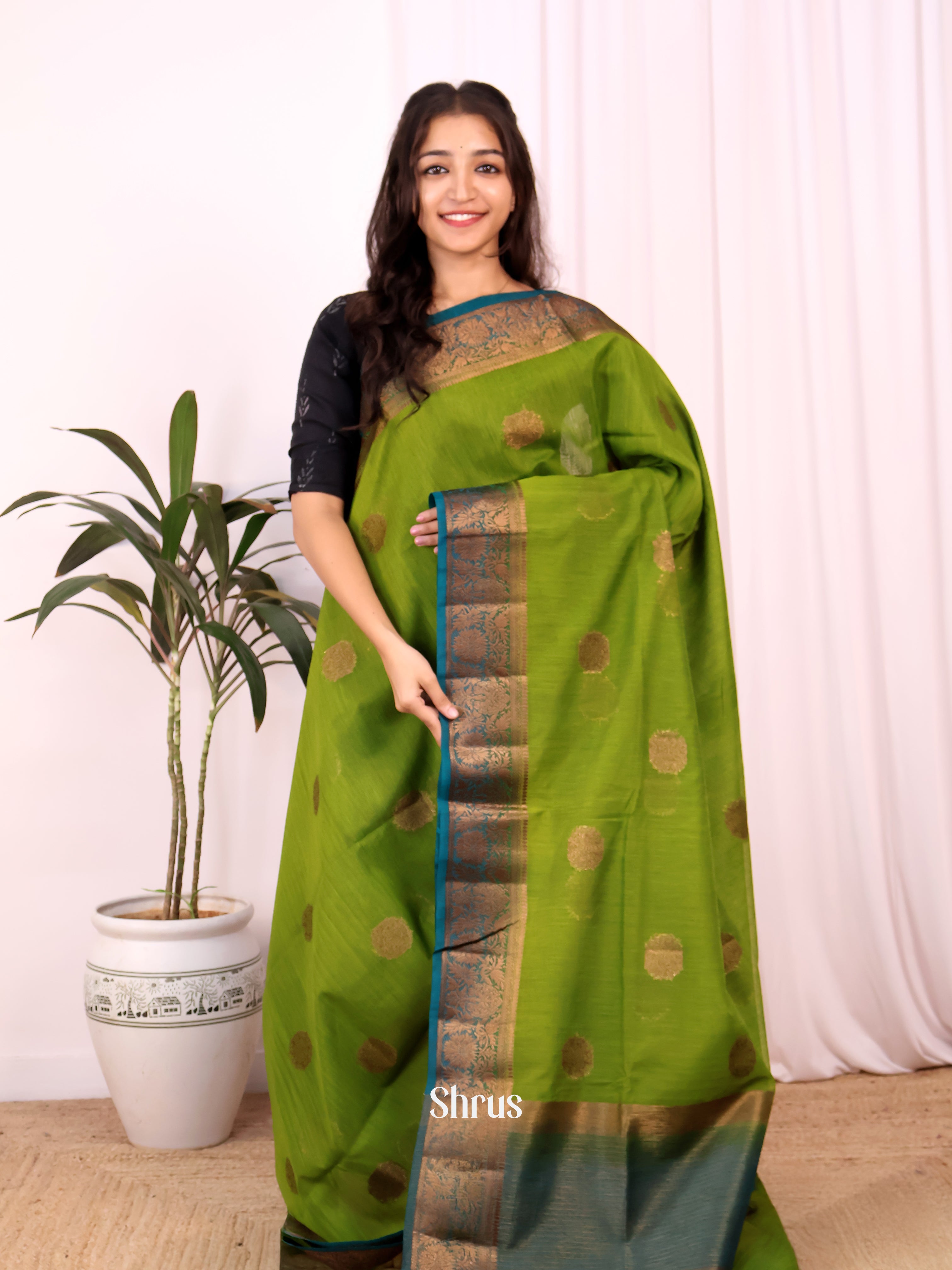 Green & Blue- Semi Jute Saree - Shop on Shrus.com