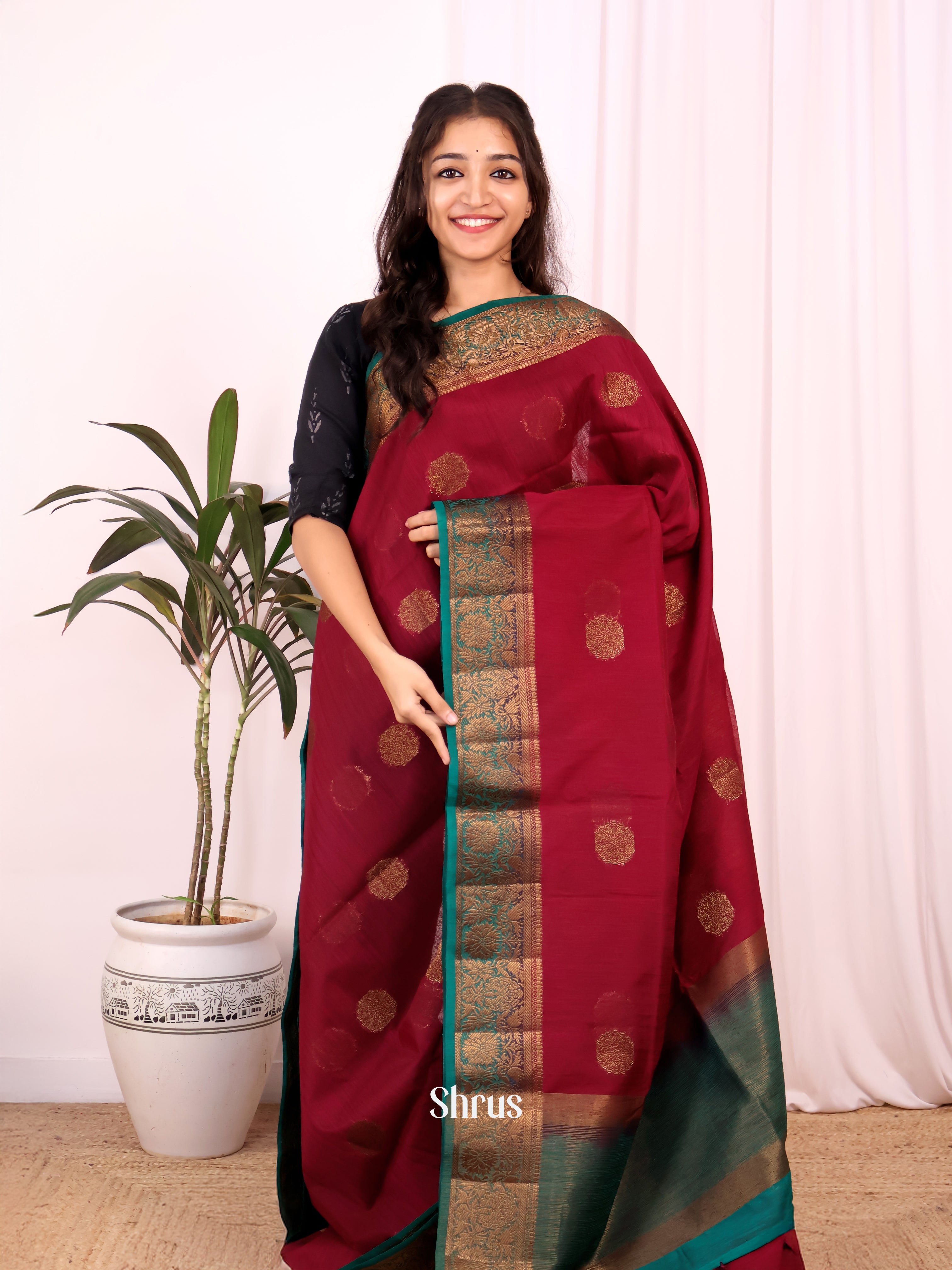 Wine & Green - Semi Jute Saree - Shop on Shrus.com