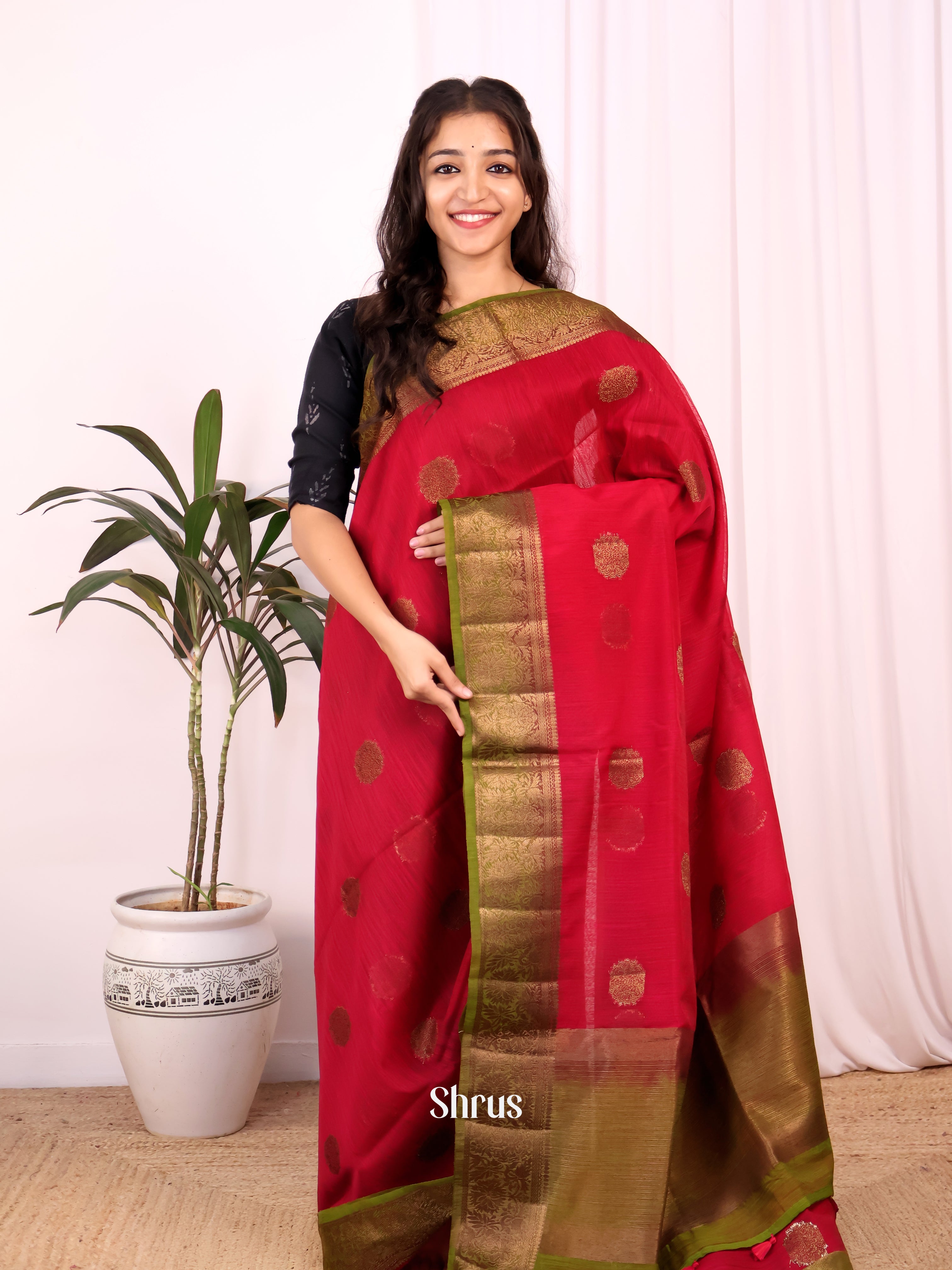 Pink & Green - Semi Jute Saree - Shop on Shrus.com