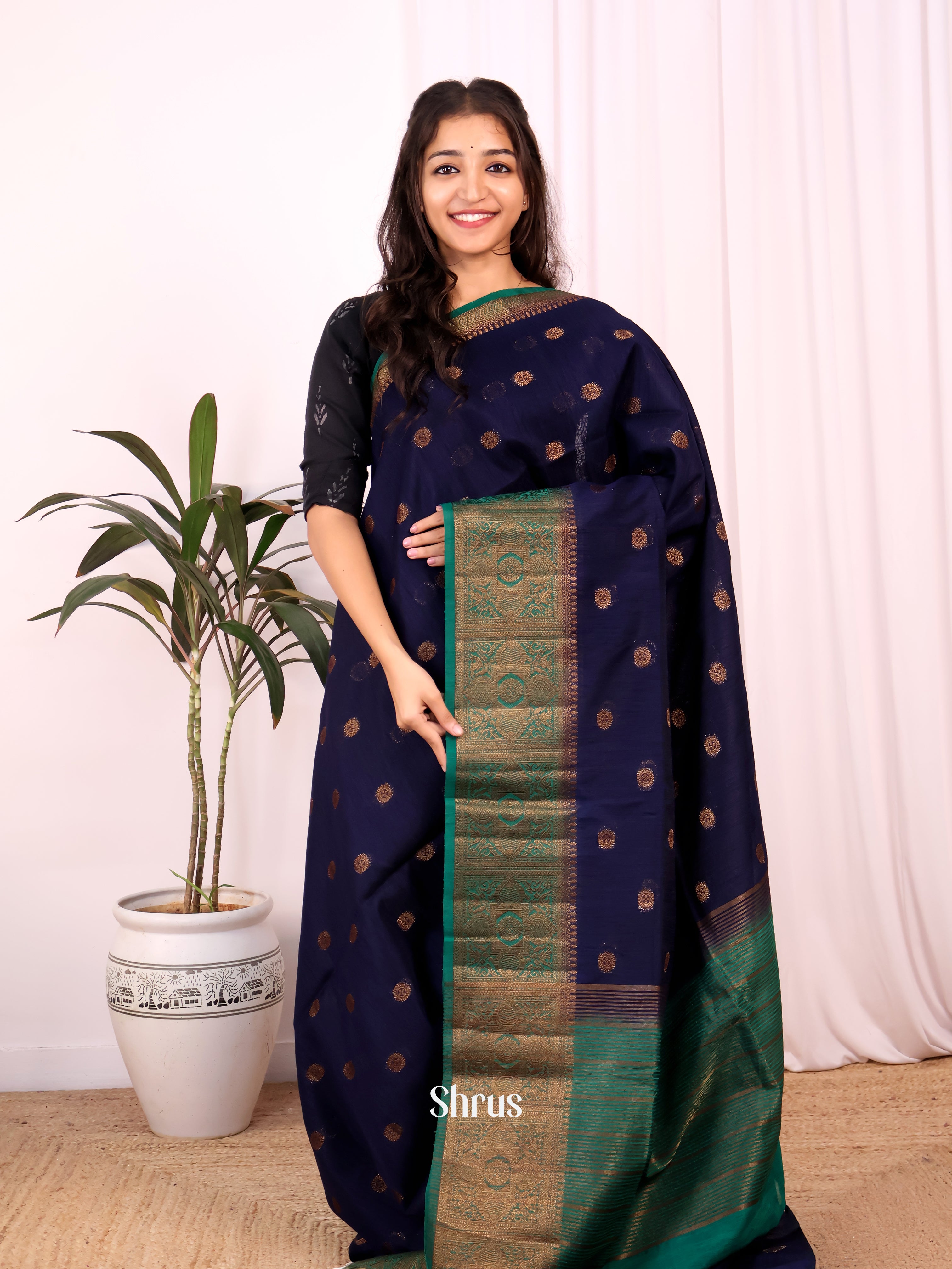 Blue & Green - Semi Jute Saree - Shop on Shrus.com