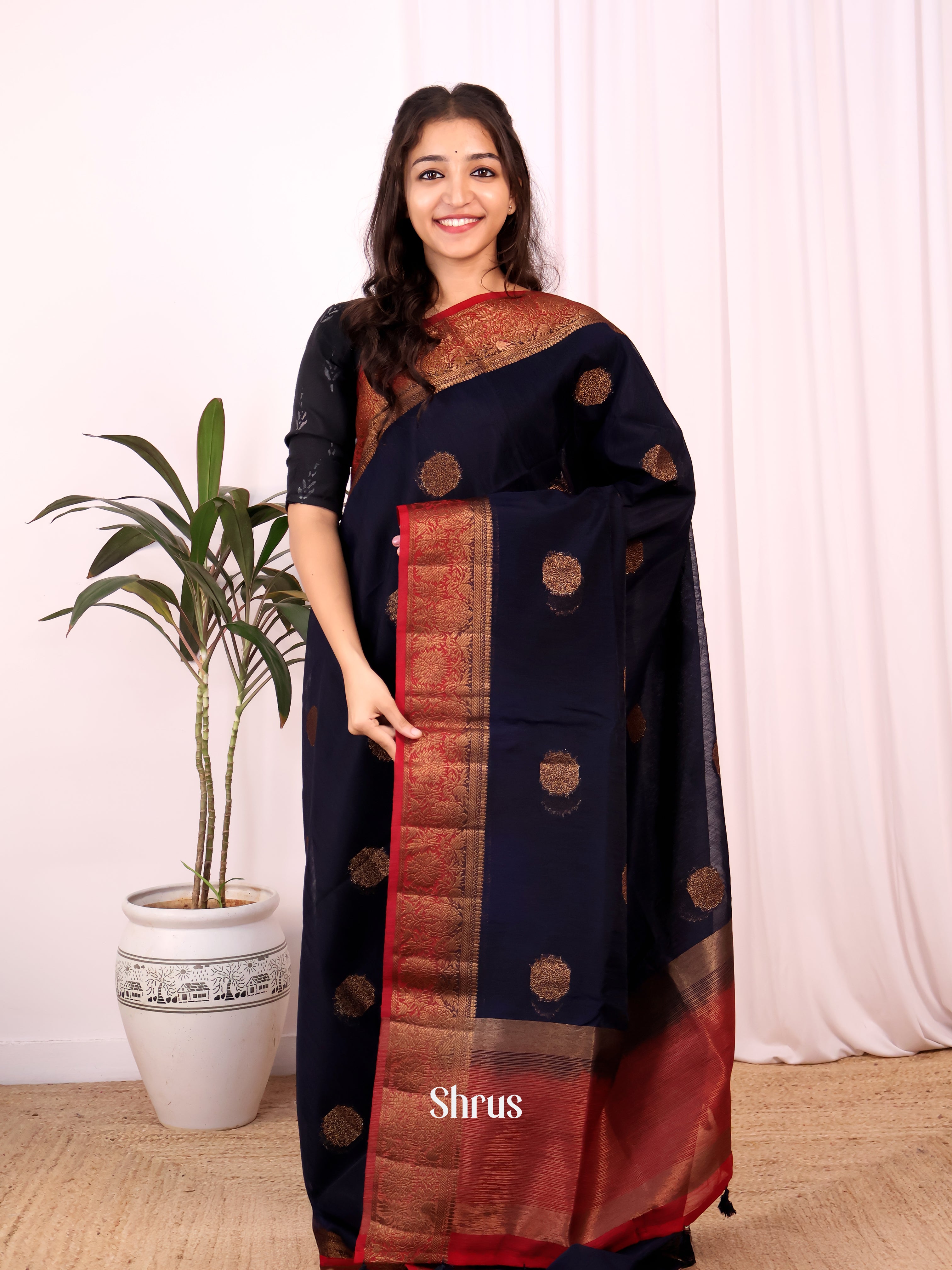 Blue & Red - Semi Jute Saree - Shop on Shrus.com