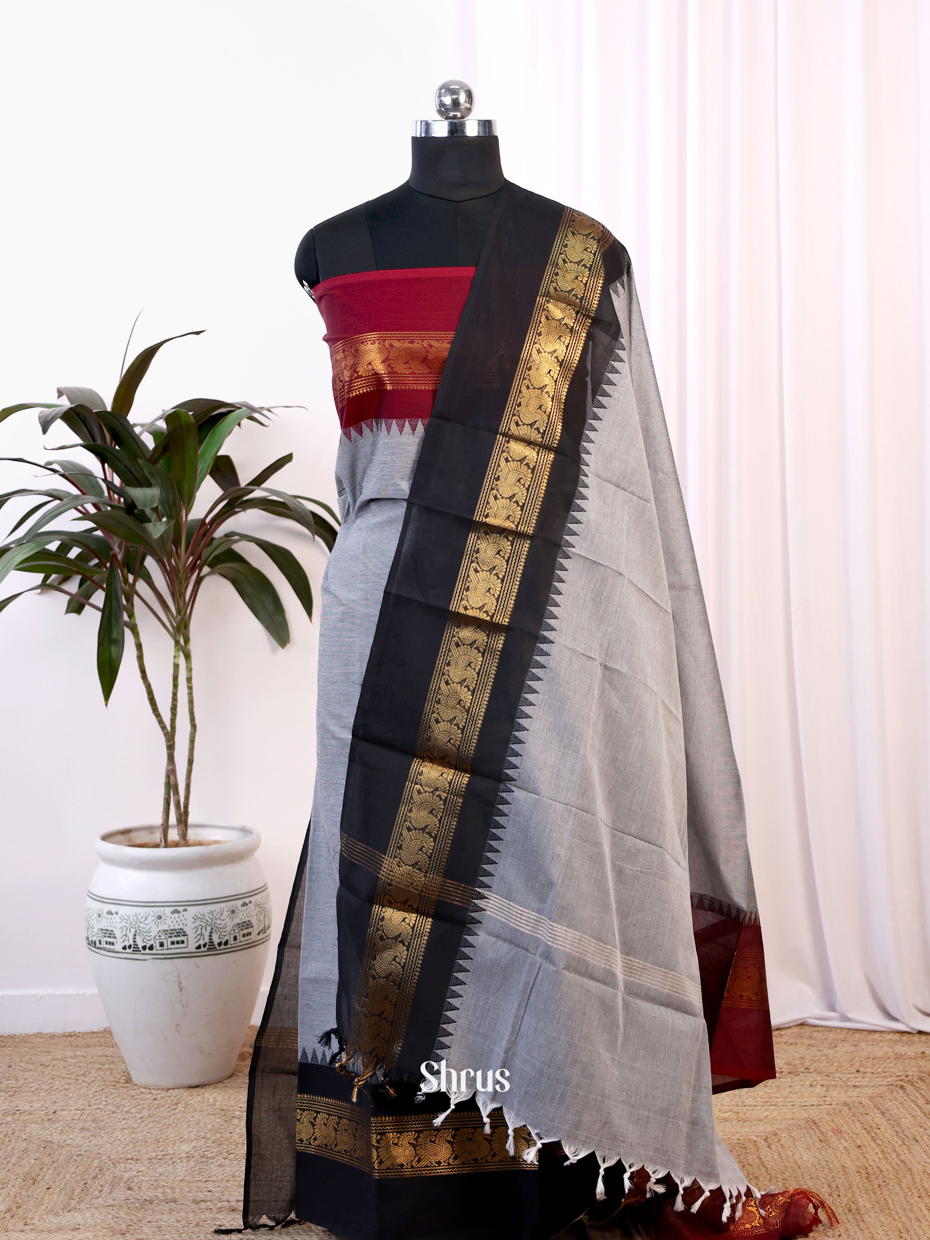 Grey & Black - chettinad top & dupatta combo - Shop on Shrus.com