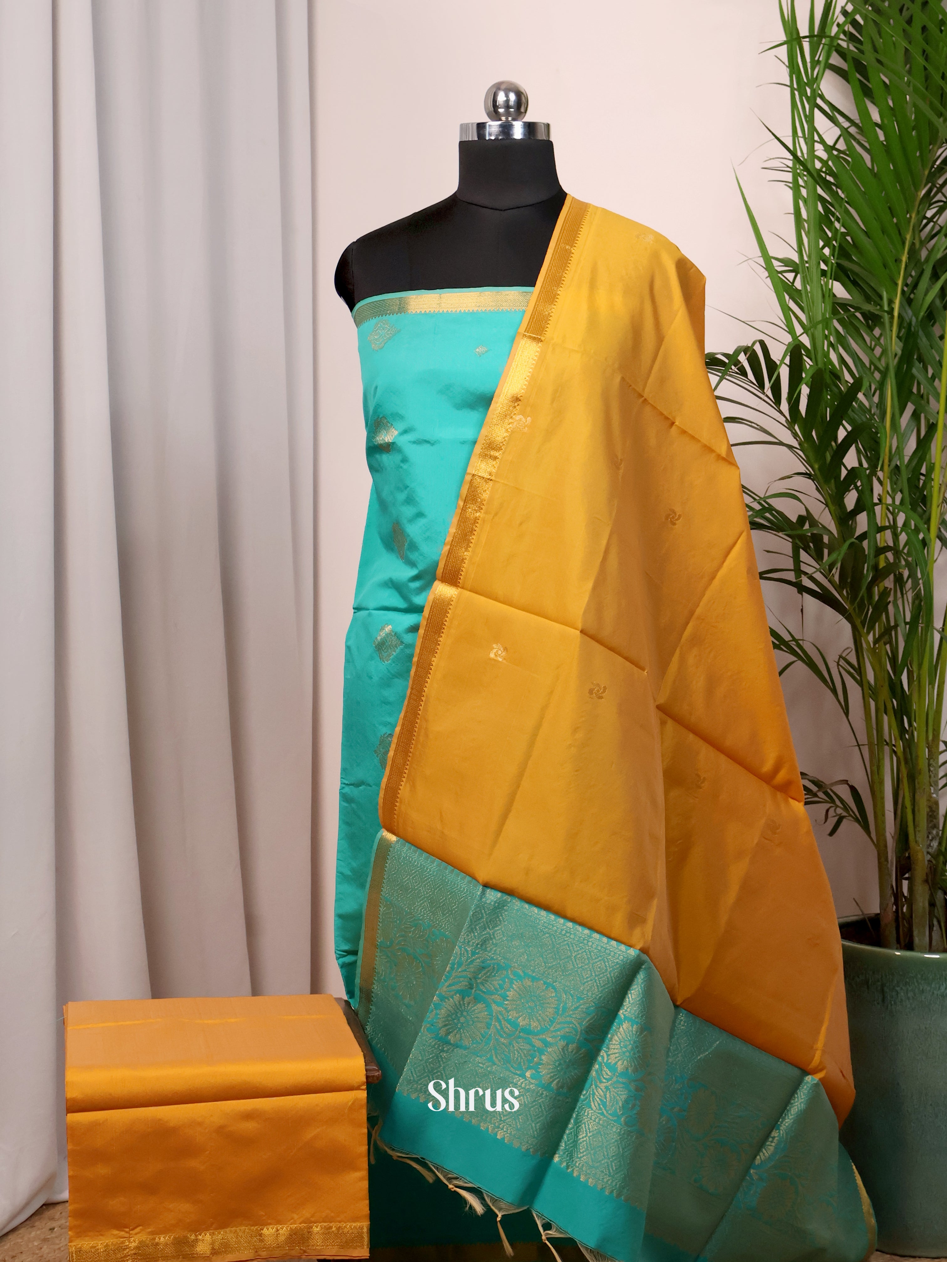 Teal Green & Mustard- semi softsilk salwar - Shop on Shrus.com