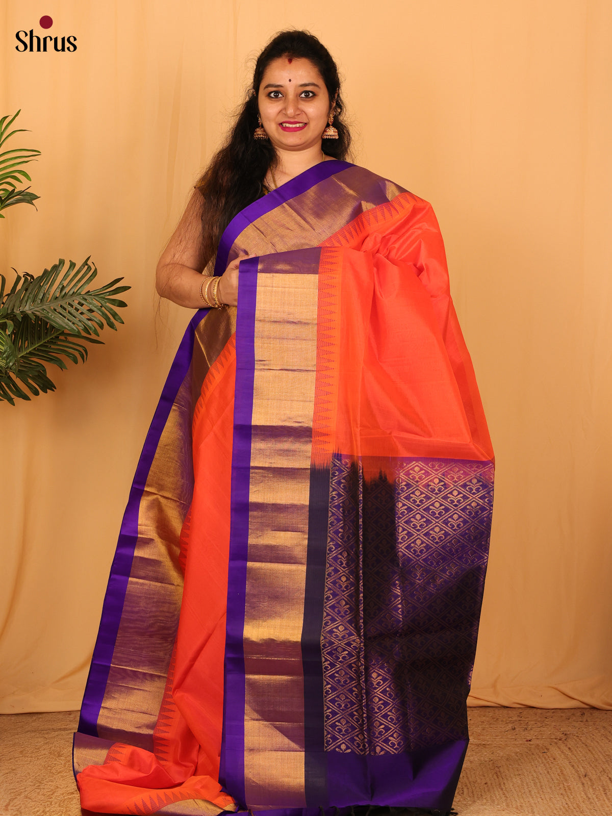 Orange & Violet- Silk Cotton Saree - Shop on Shrus.com