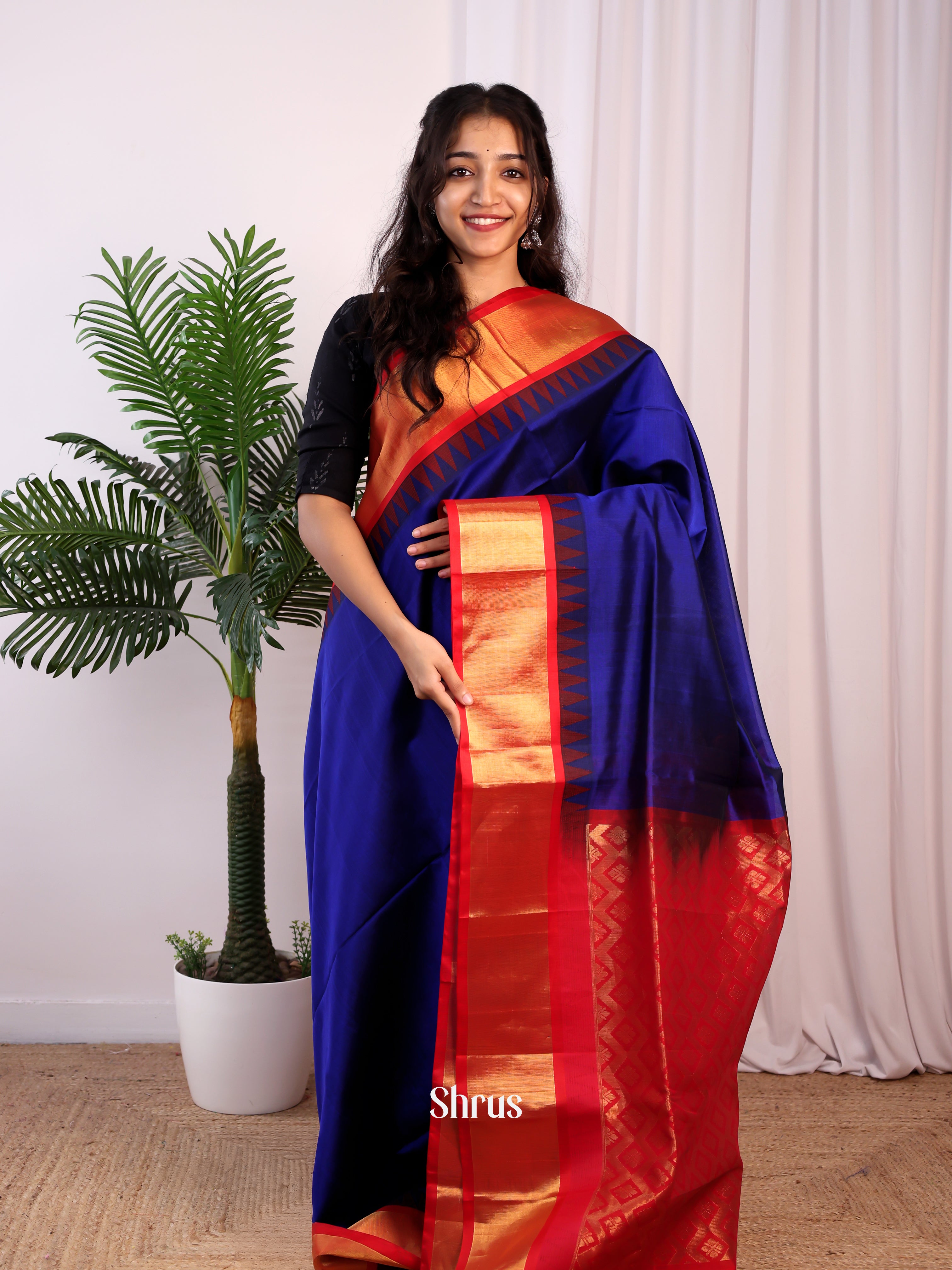 Blue & Red - Silk Cotton Saree - Shop on Shrus.com