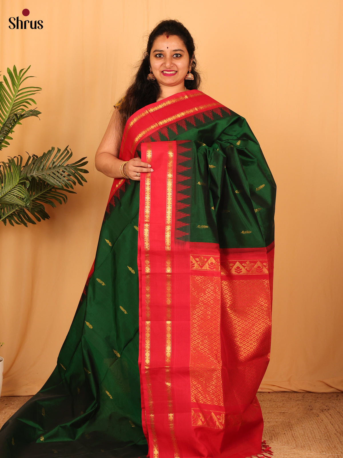 Dark Green & Red - Silk Cotton Saree - Shop on Shrus.com