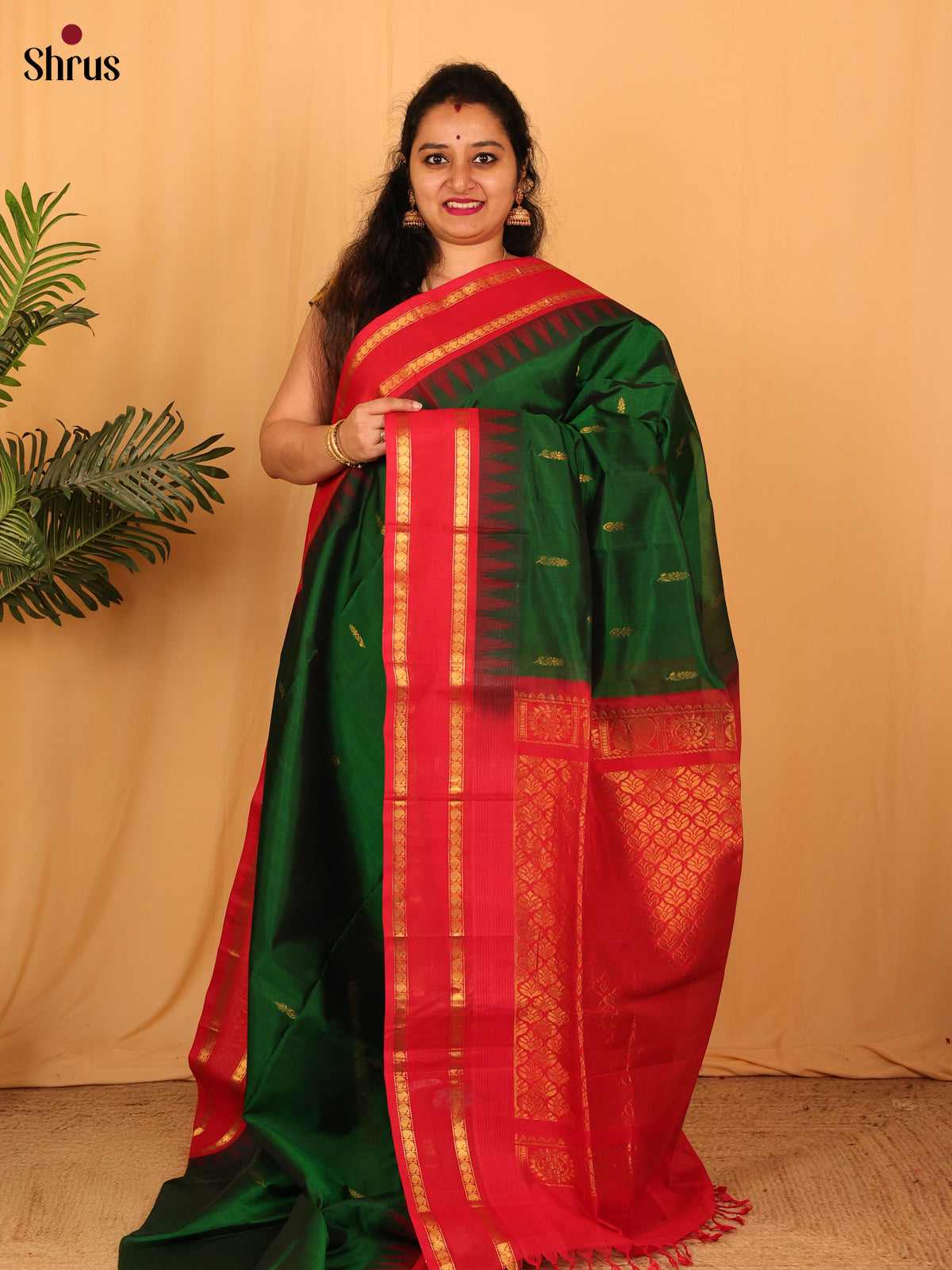 Green & Red - Silk Cotton Saree - Shop on Shrus.com