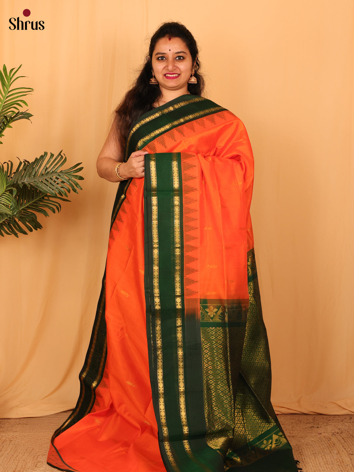 Orange & Green - Silk Cotton Saree - Shop on Shrus.com