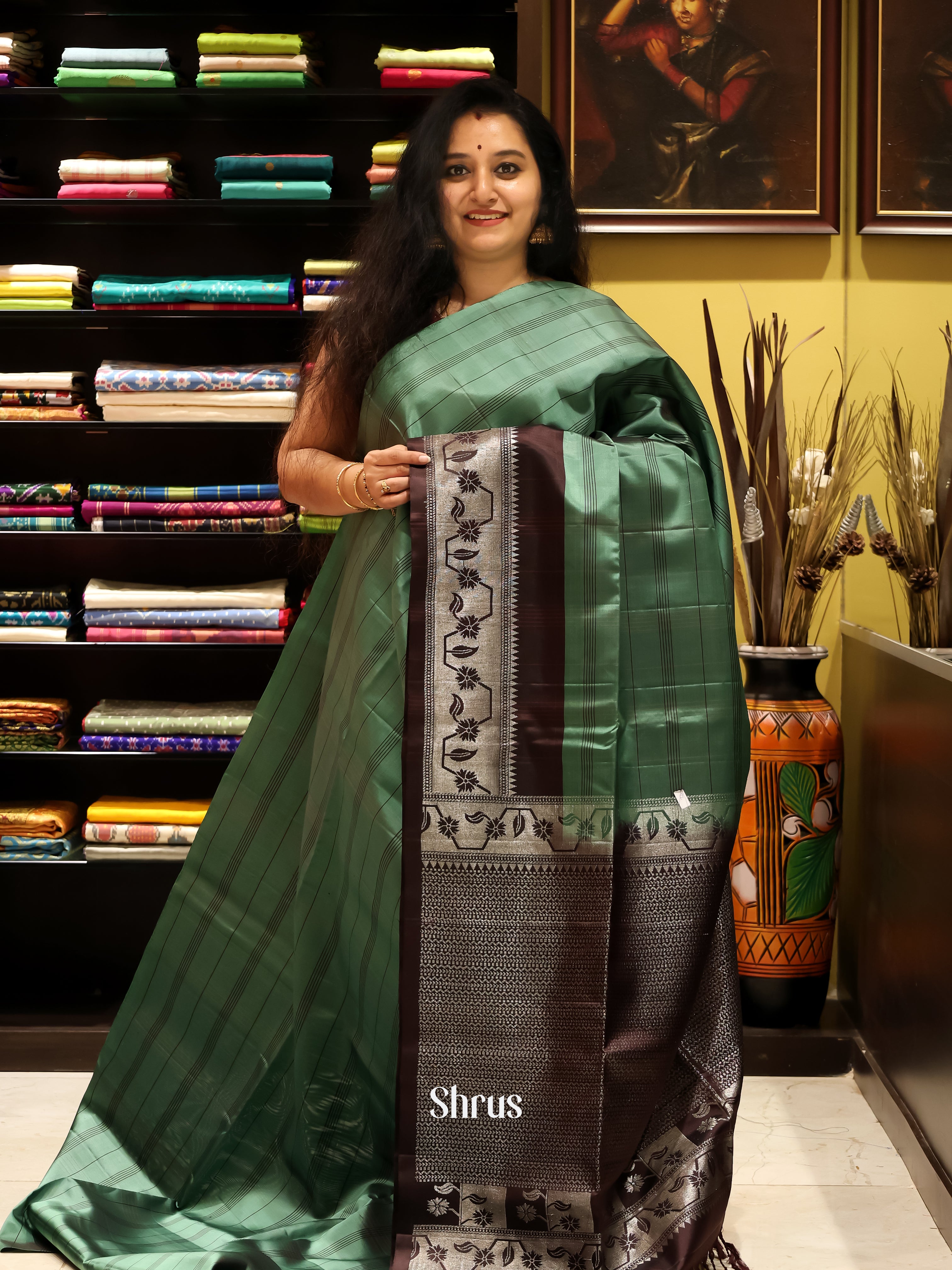 Green & Brown - Soft silk Saree - Shop on Shrus.com